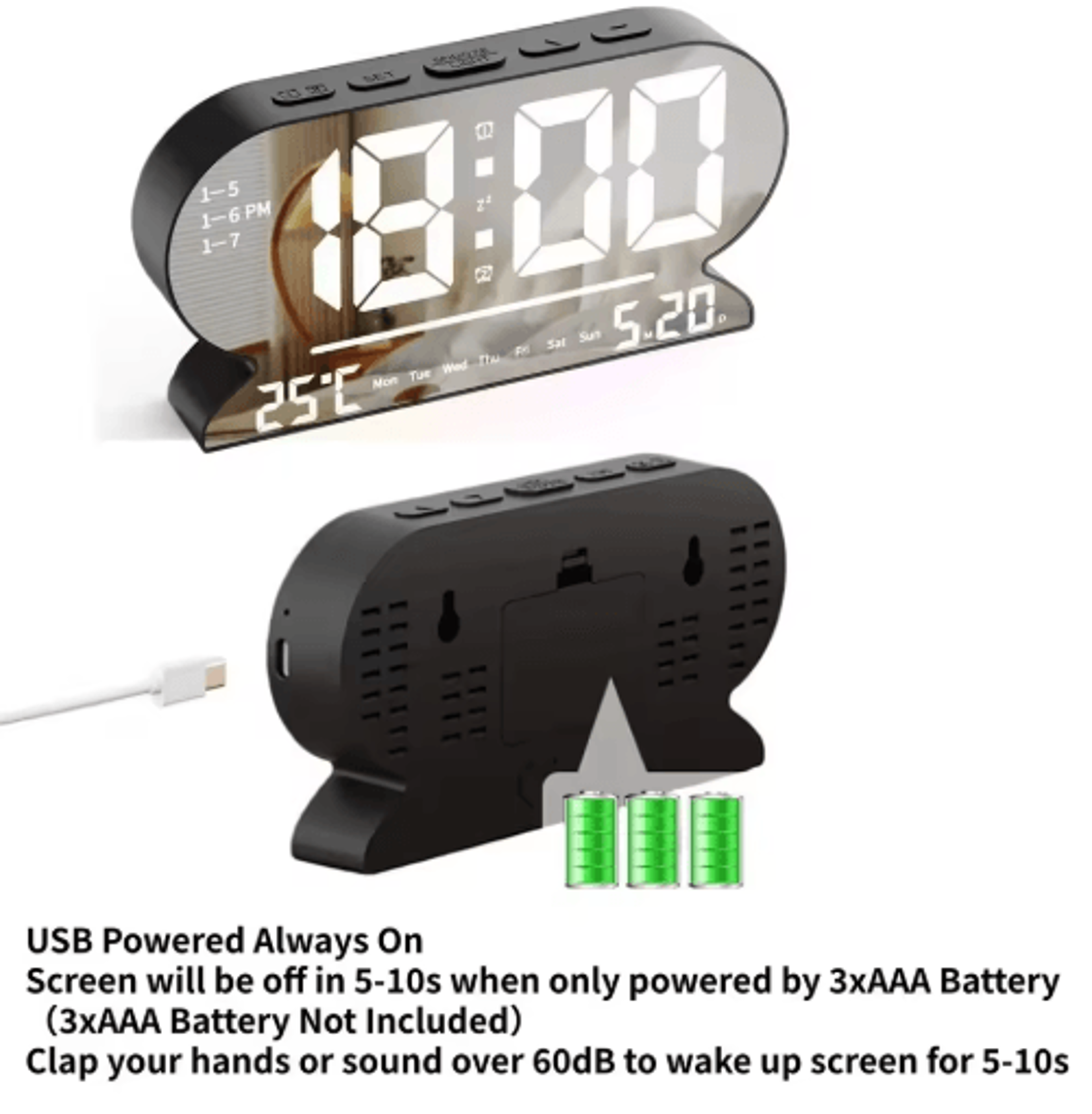 USB Digital Alarm Clock  Dual Alarms Temperature Date  Night Mode 8