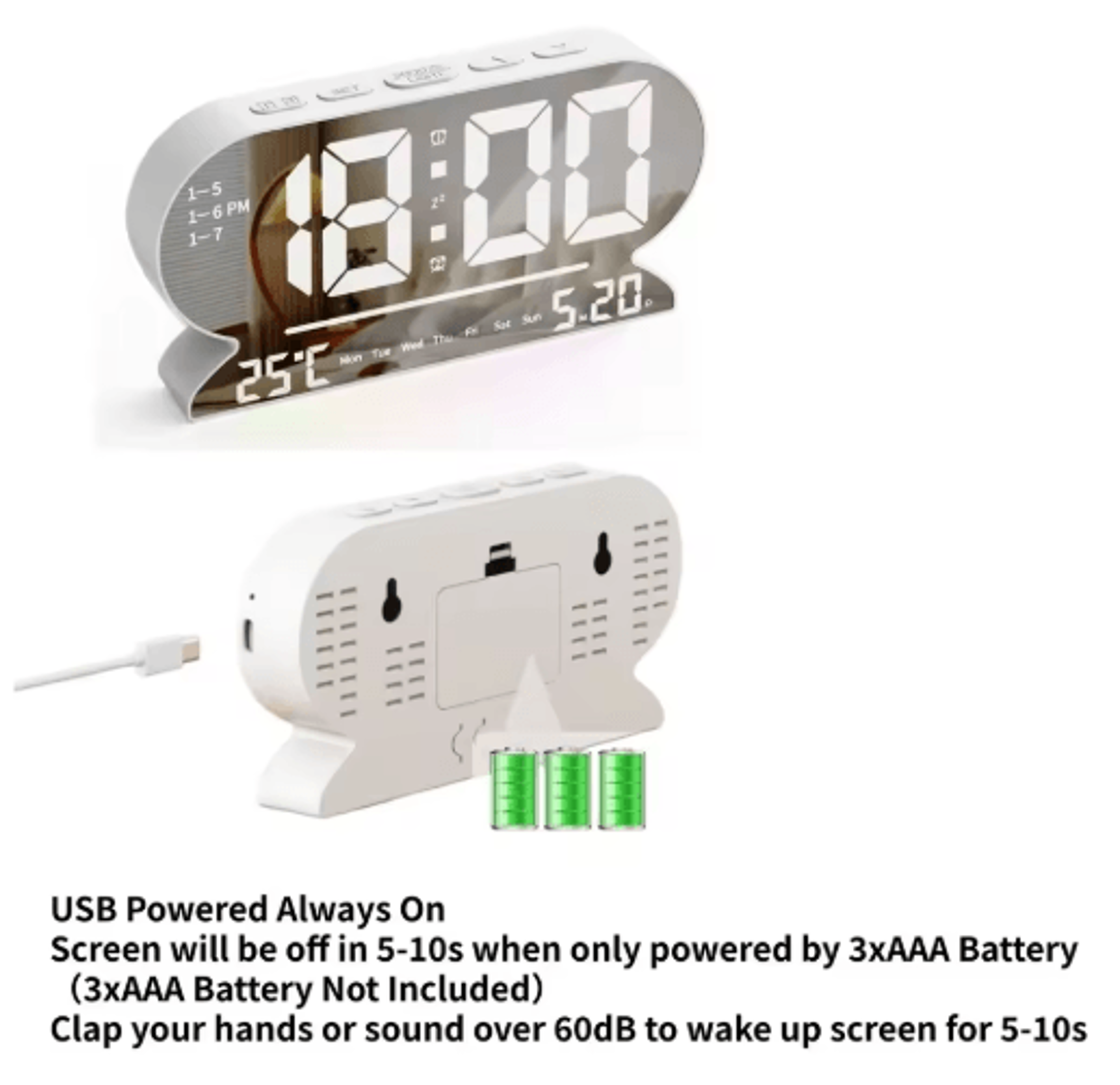 USB Digital Alarm Clock  Dual Alarms Temperature Date  Night Mode 2