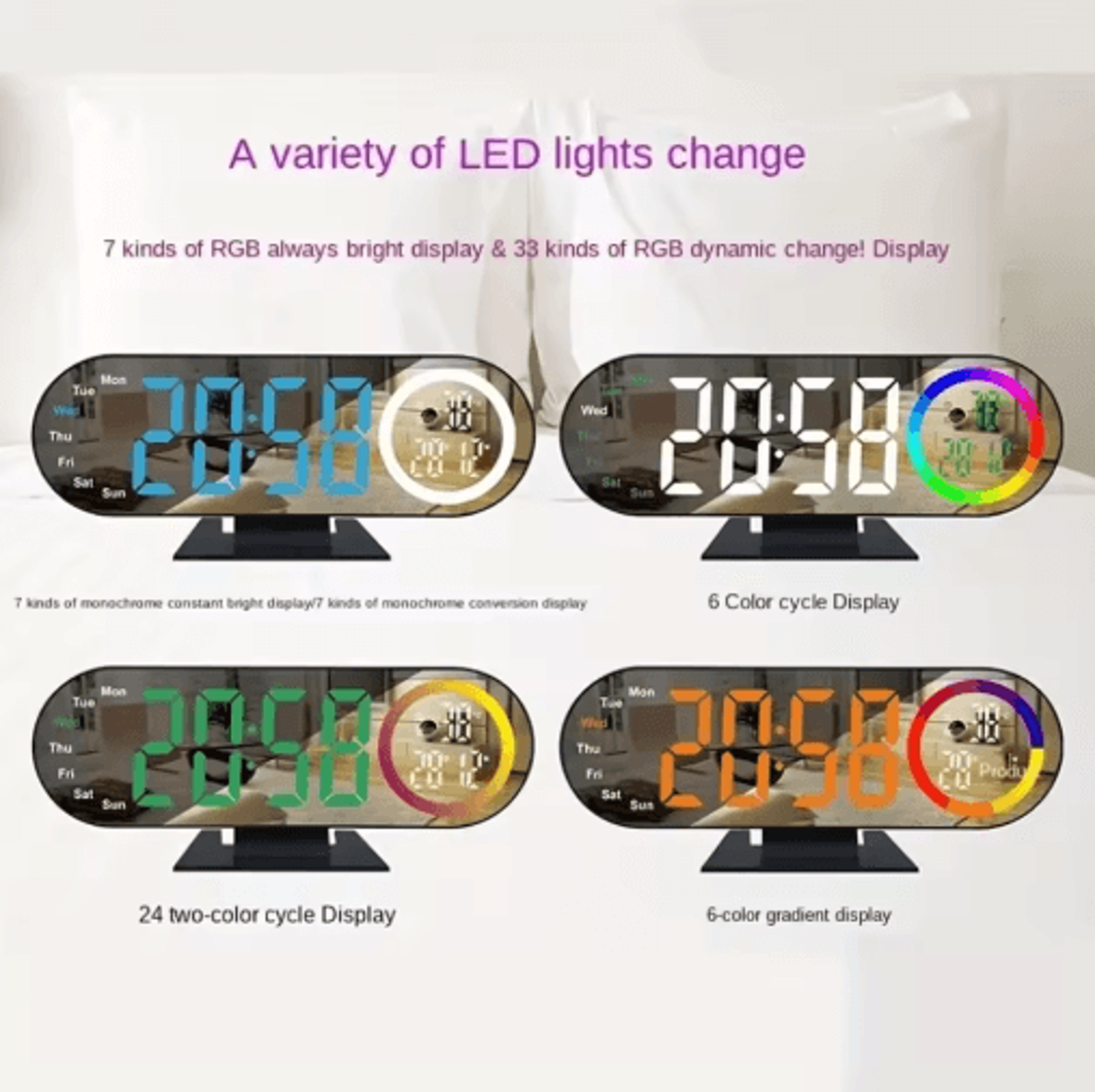 led mirror alarm clock – voice control, temperature & adjustable brightness