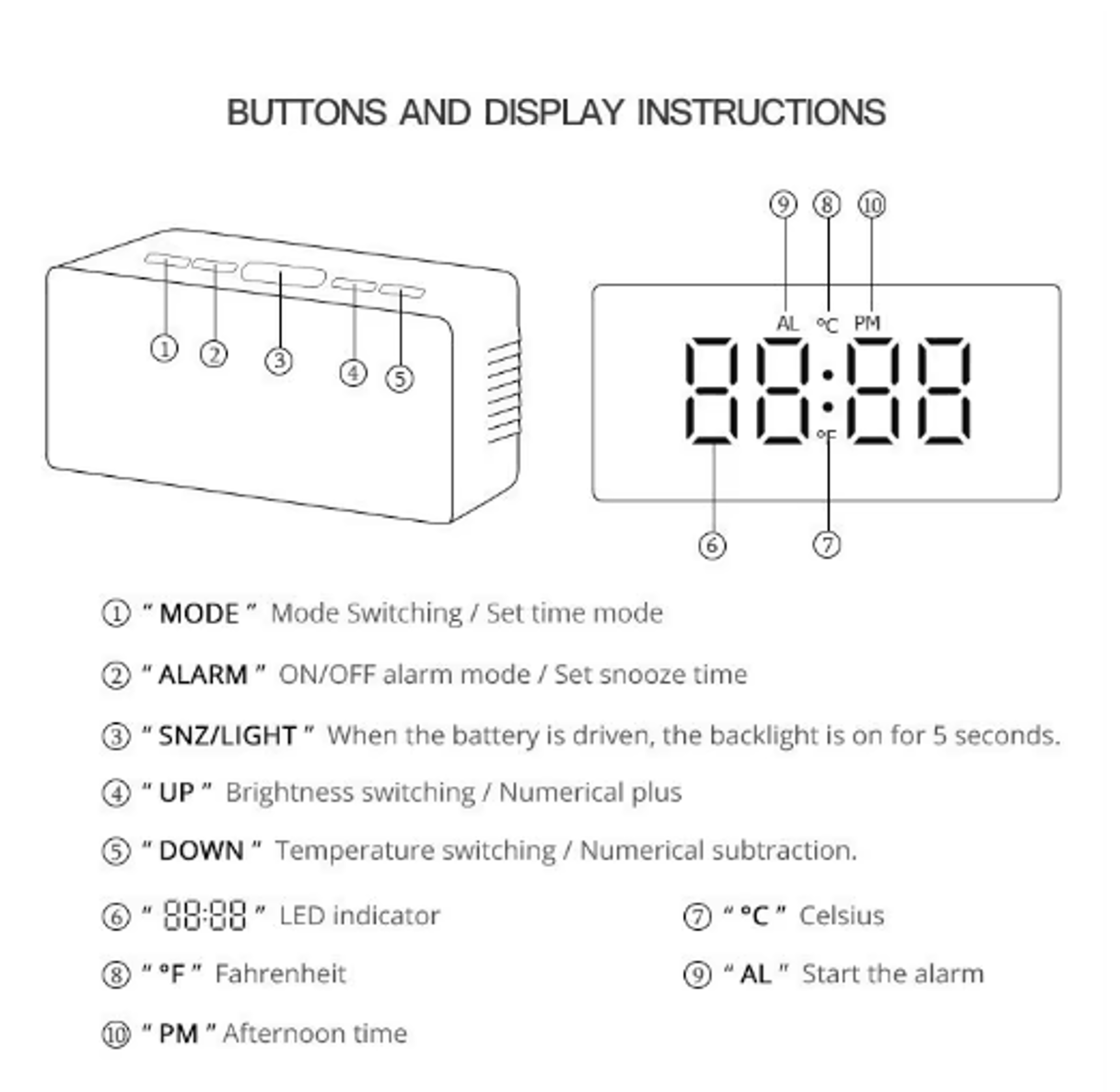White LED Mirror Alarm Clock  USB Desk Clock With Snooze  Night Light 3