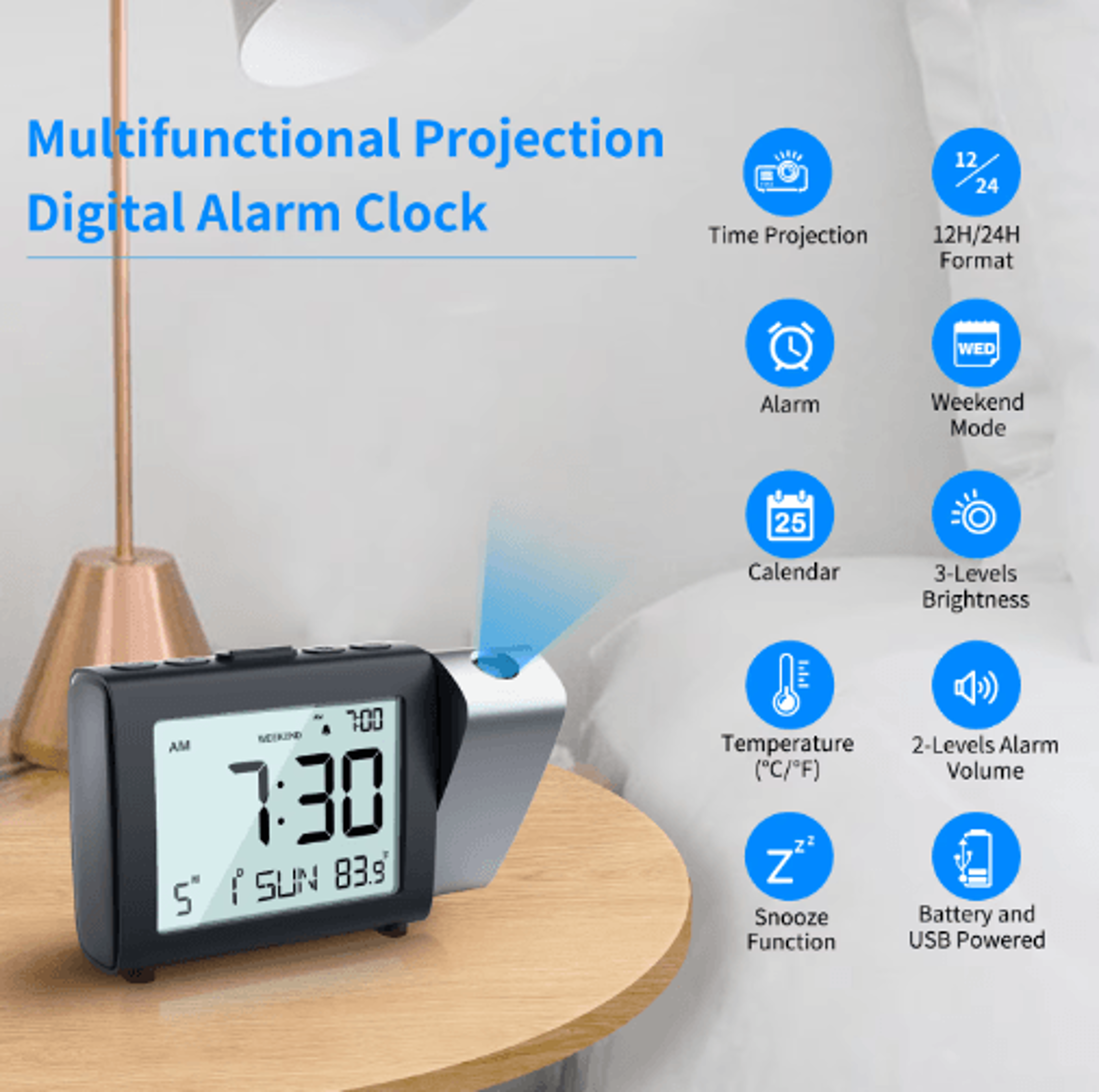 180° projection alarm clock – dimmable lcd bedside clock with memory