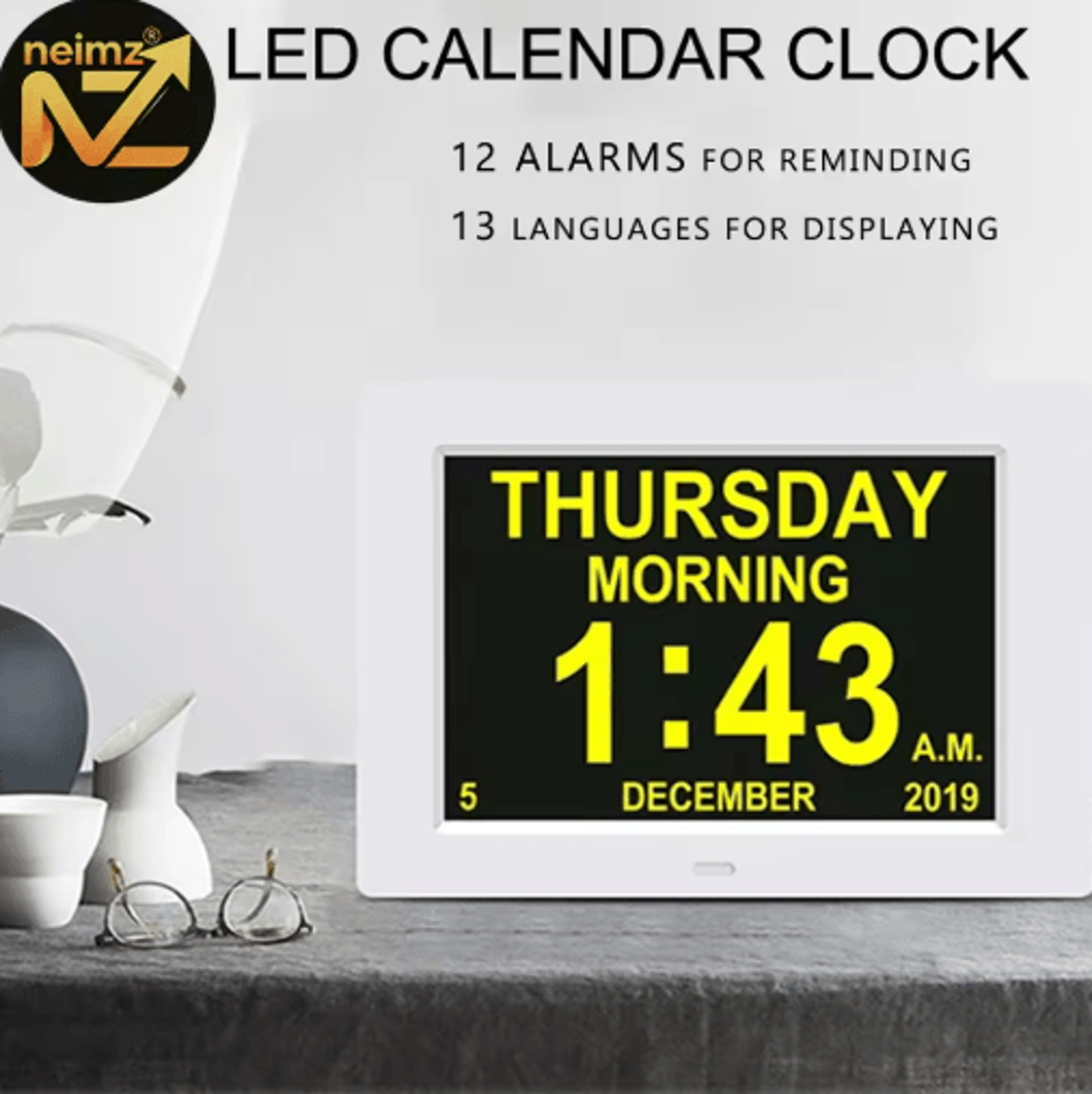 12-alarm led calendar clock – multi-language medicine & daily reminder display
