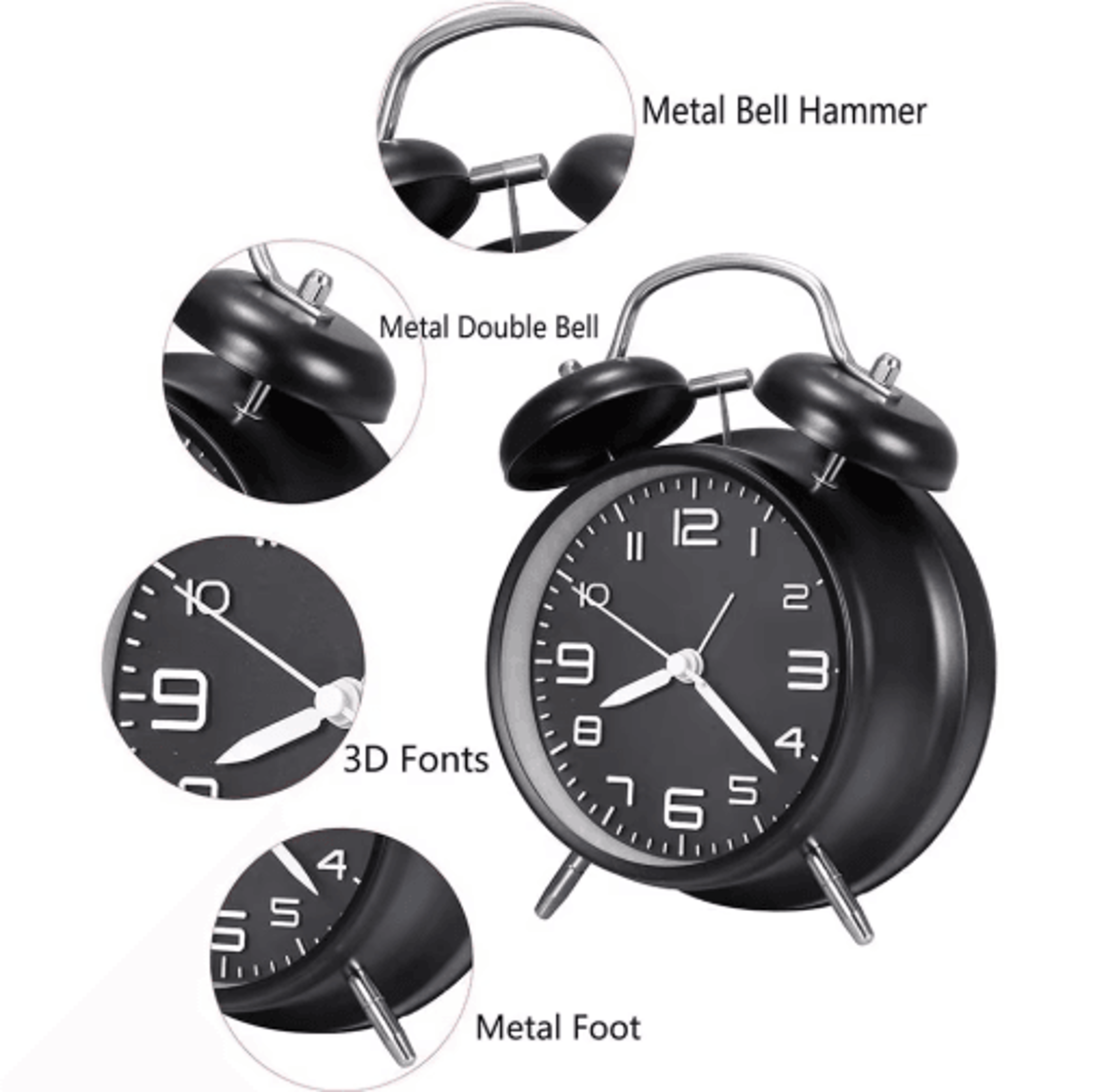 4Inch Twin Bell Alarm Clock  Loud Metal Desk Clock With Backlight 8