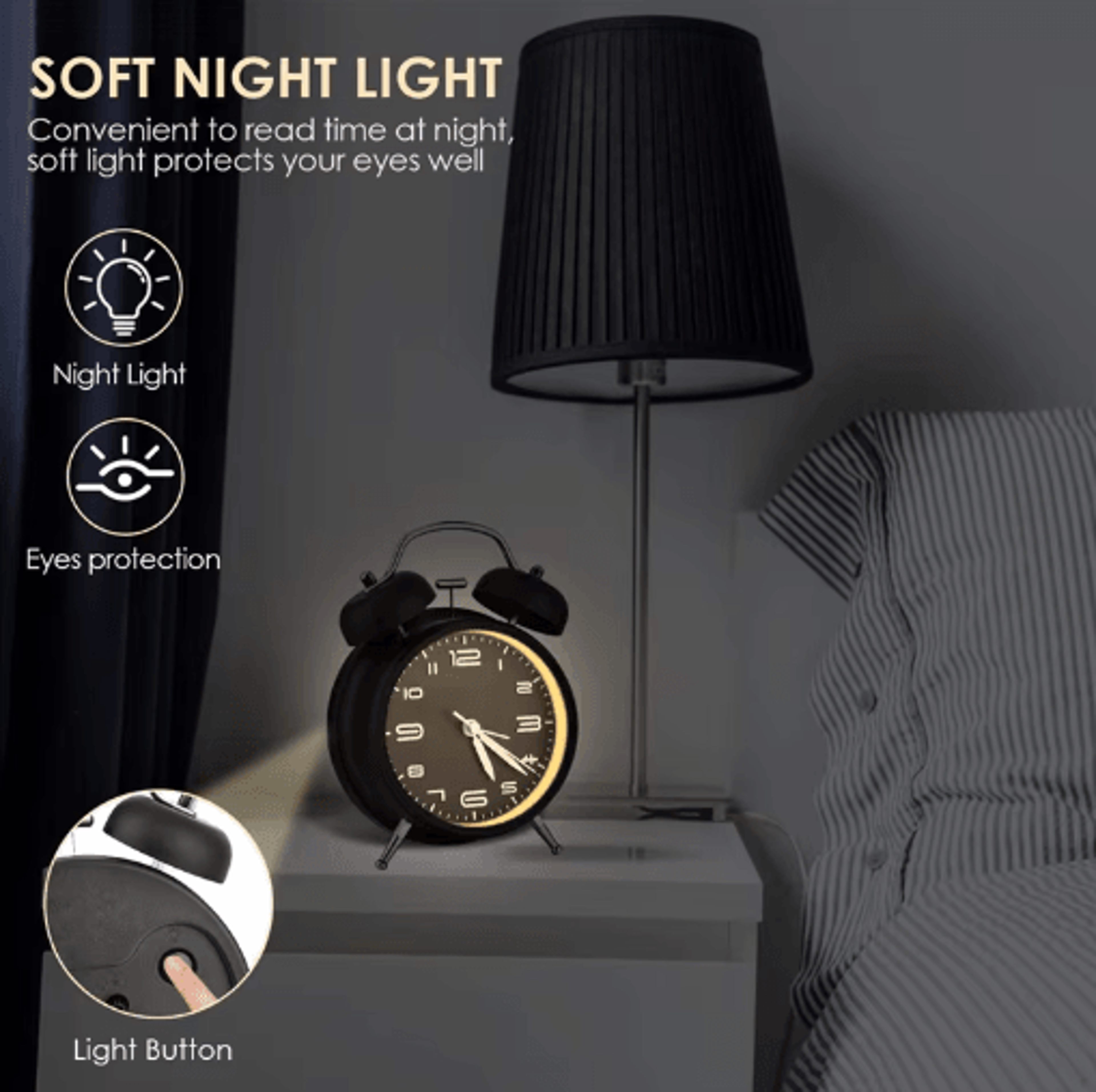 4Inch Twin Bell Alarm Clock  Loud Metal Desk Clock With Backlight 7