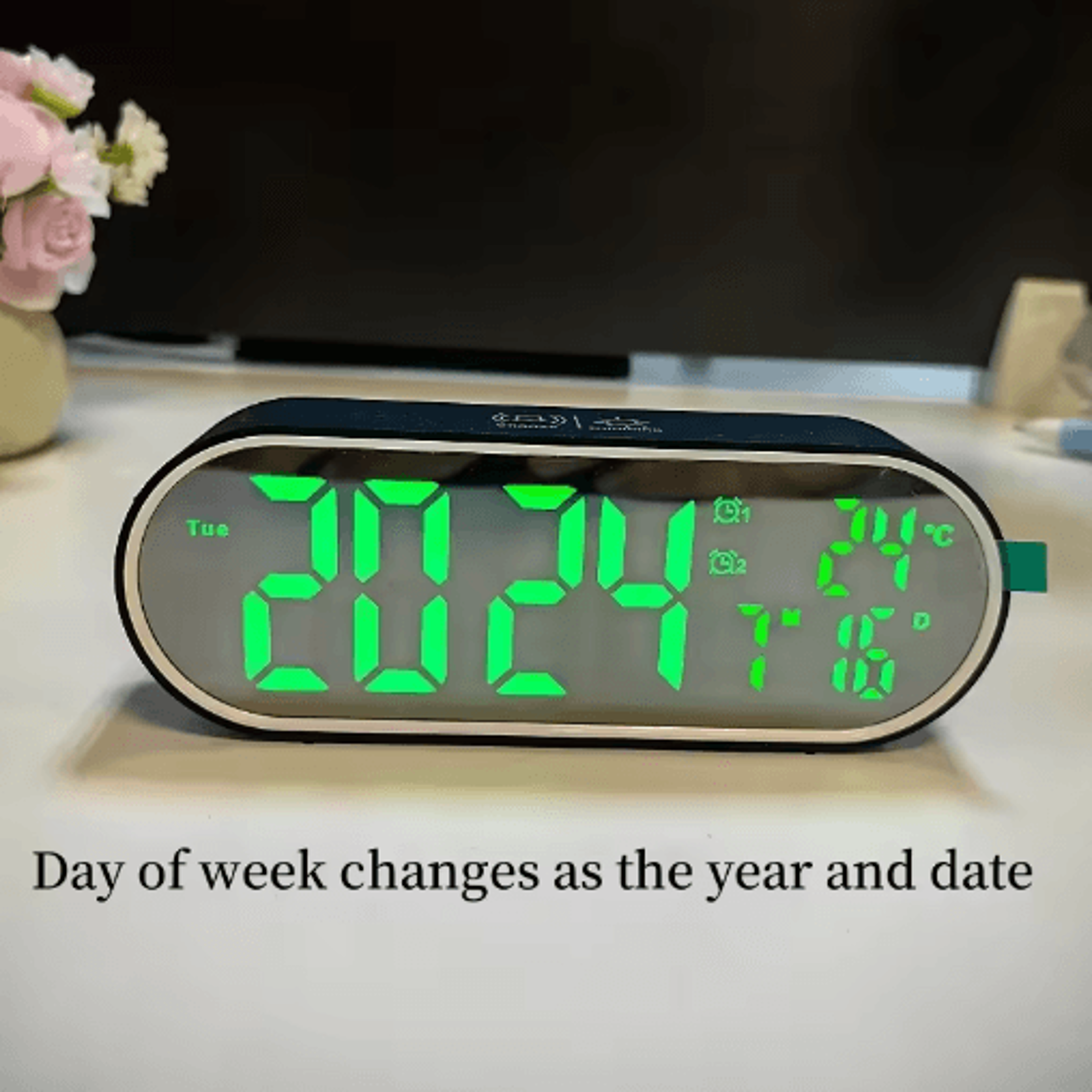 rechargeable led mirror alarm clock – dual alarms, voice control & temperature display