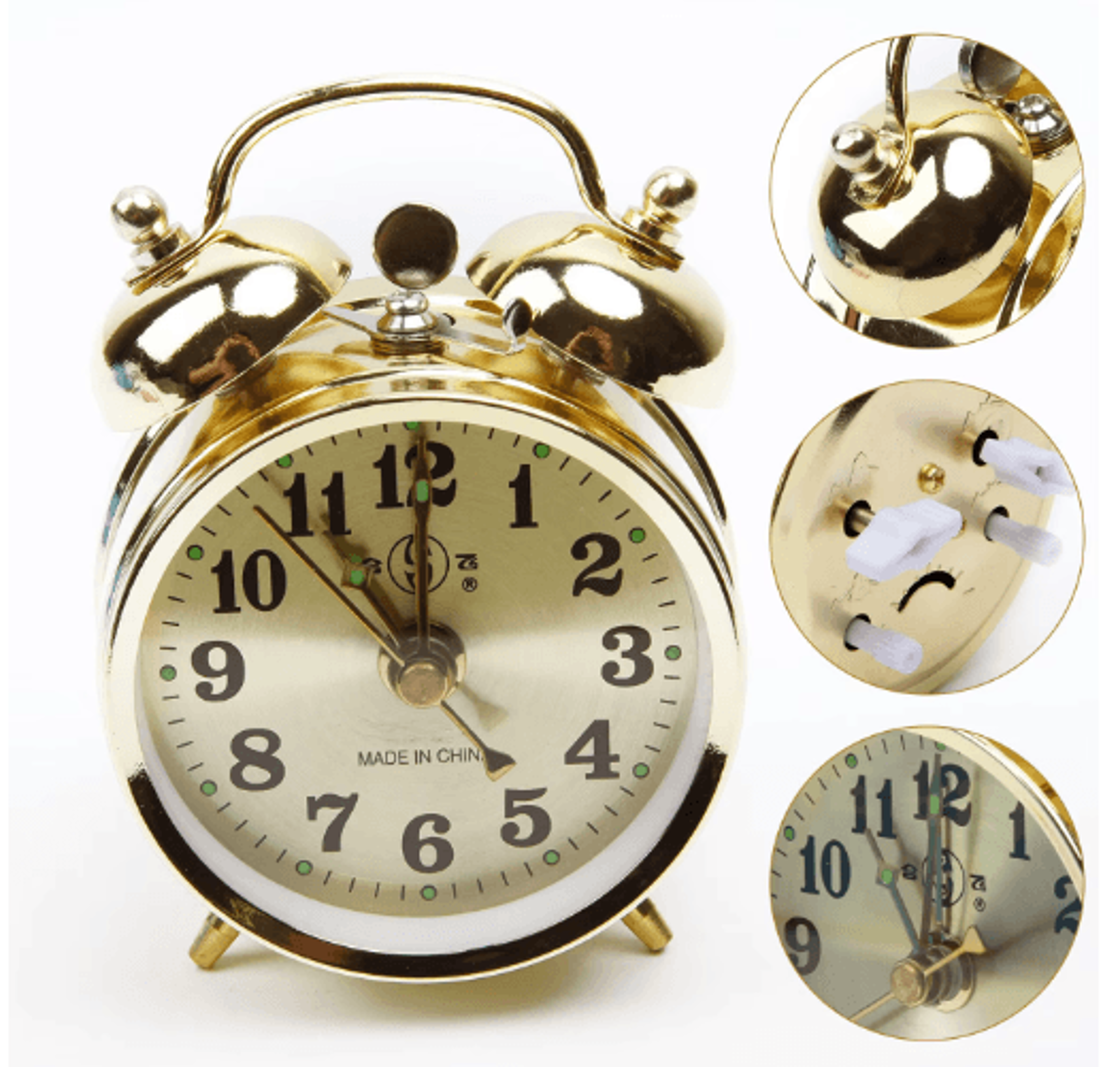 vintage horseshoe mechanical alarm clock gold manual wind-up metal table clock
