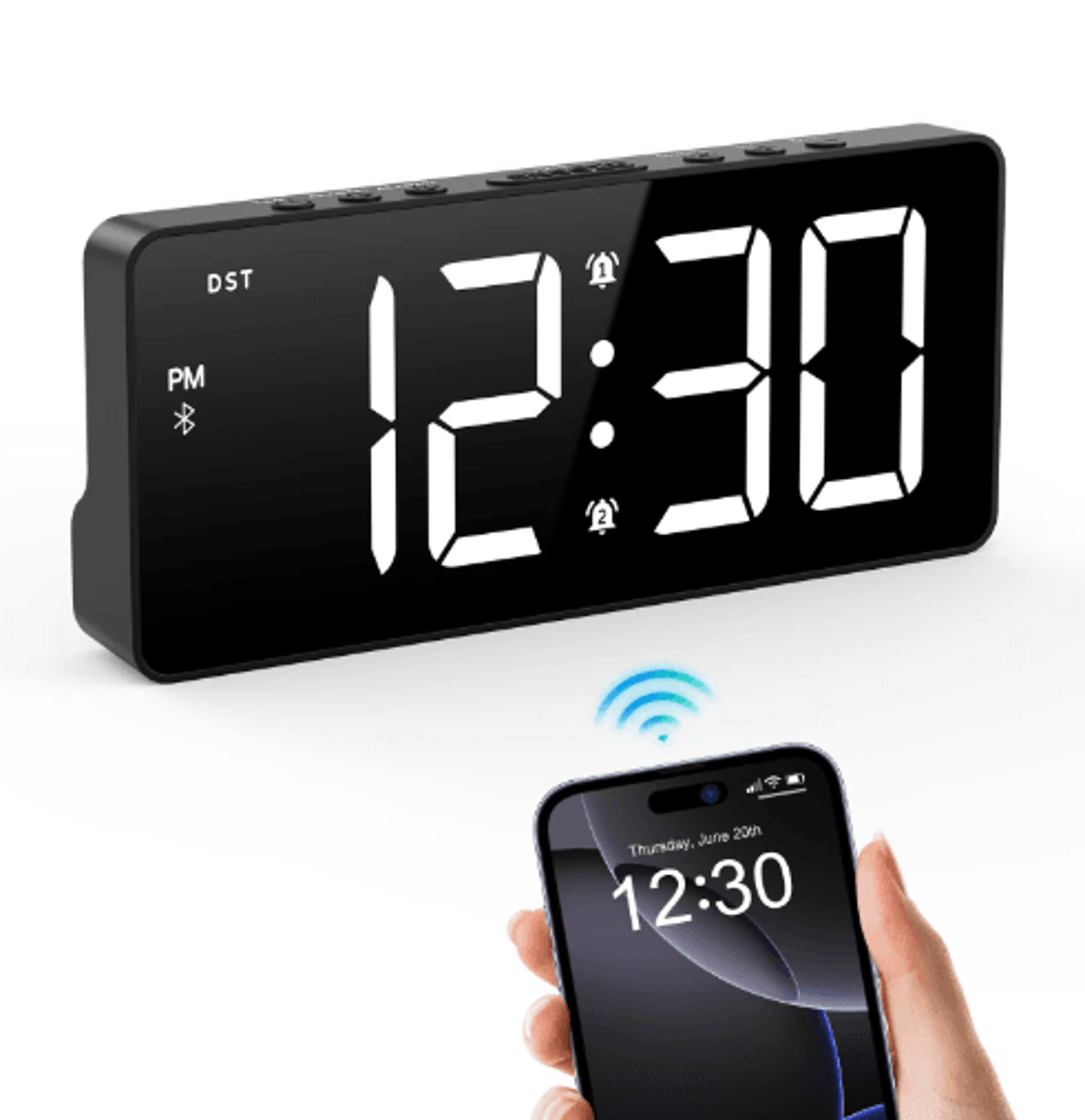 oria 7-inch led alarm clock – bluetooth time sync with dual alarms
