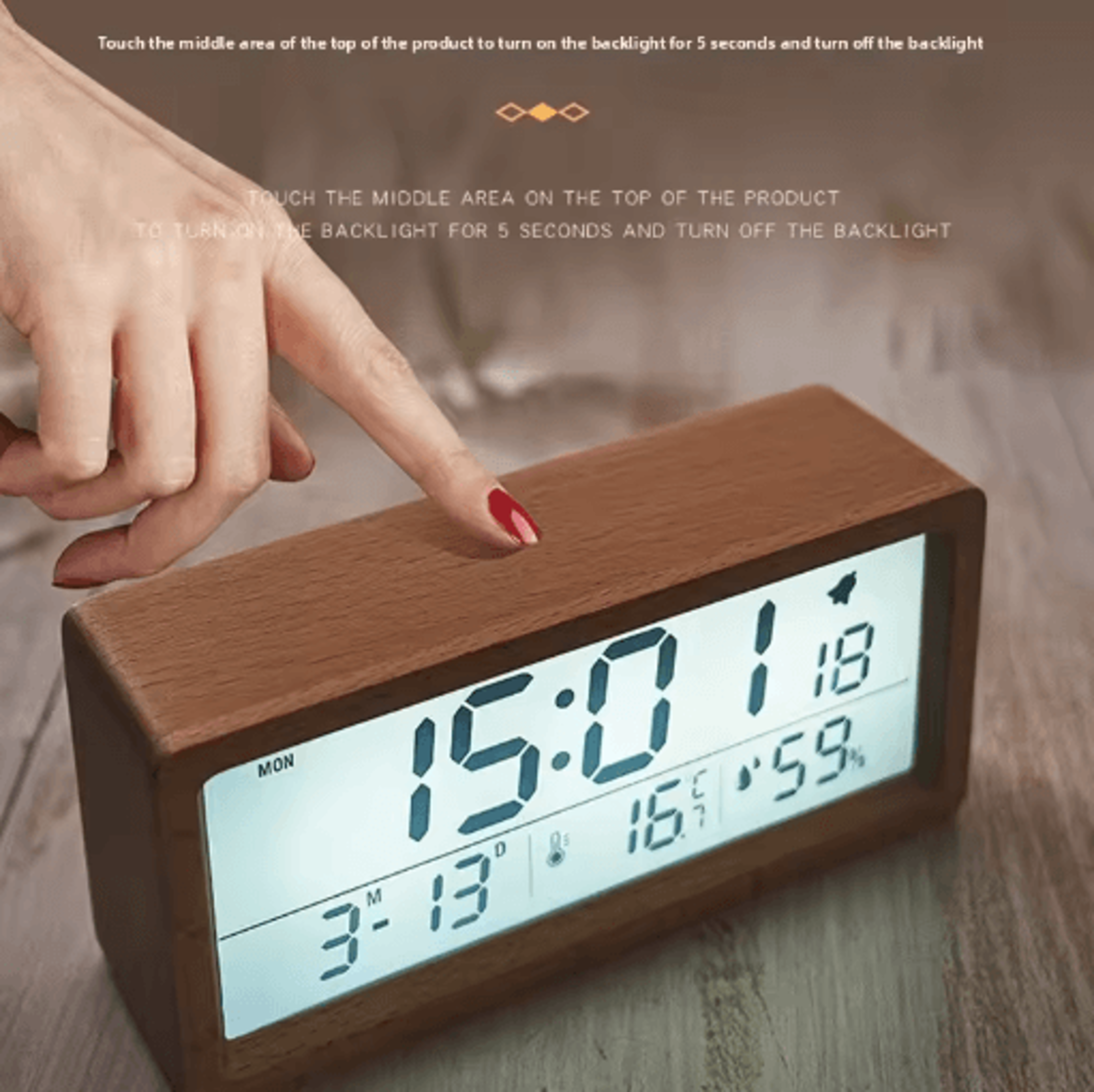 large screen wooden digital alarm clock – temperature, humidity & date display