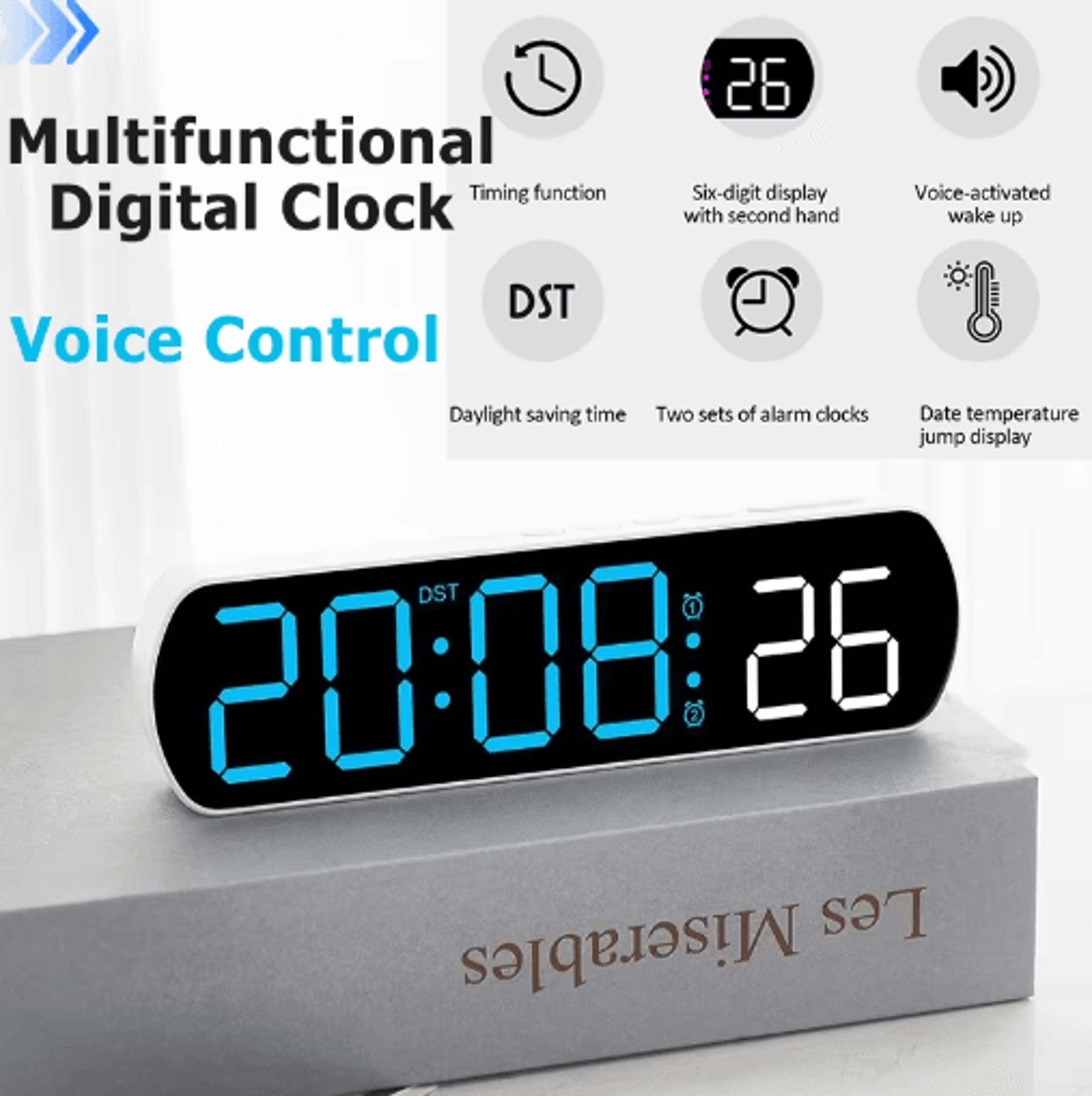 voice activated led alarm clock – temperature, date & timer display