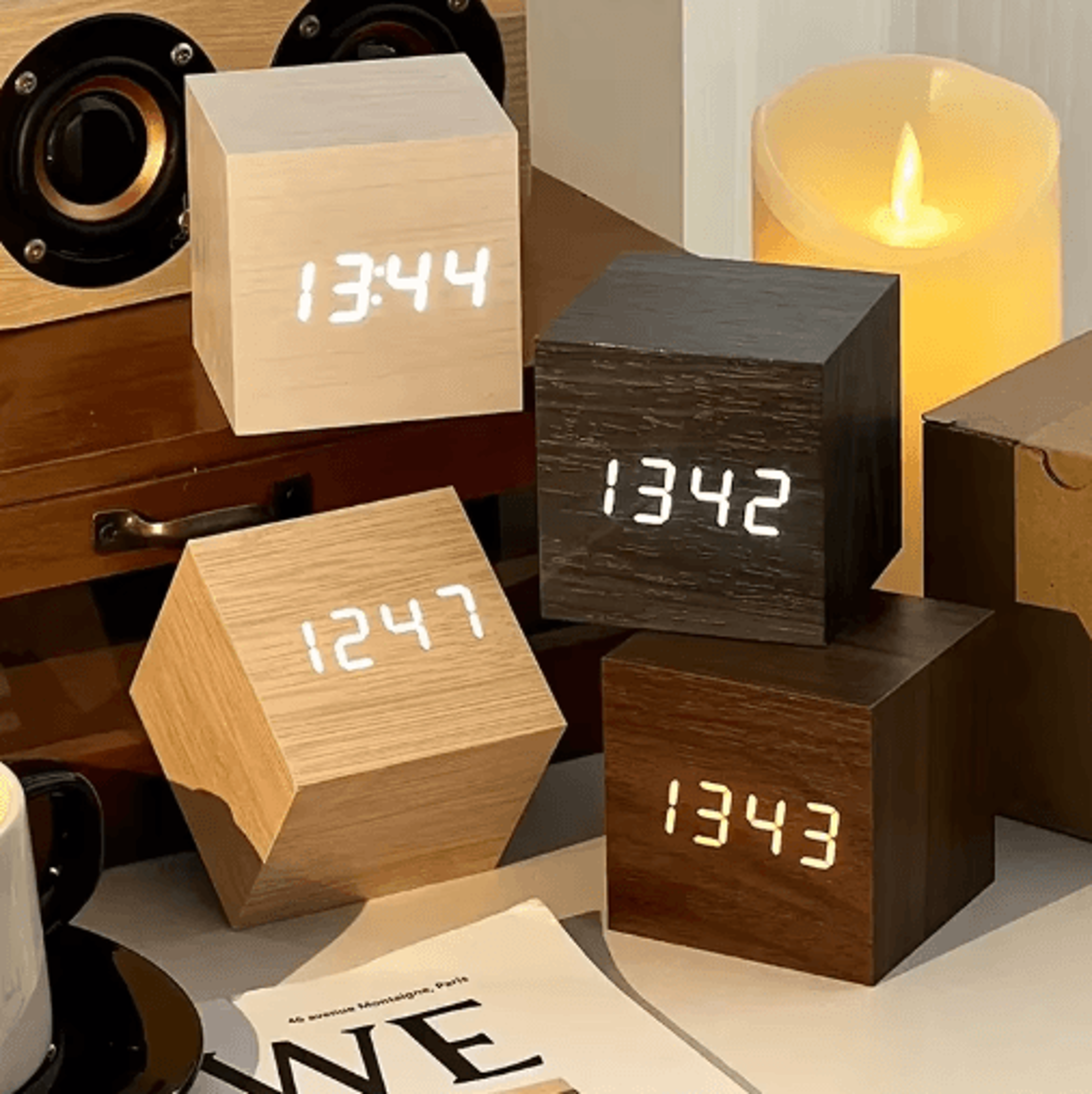 square wood led alarm clock voice control & snooze desk clock