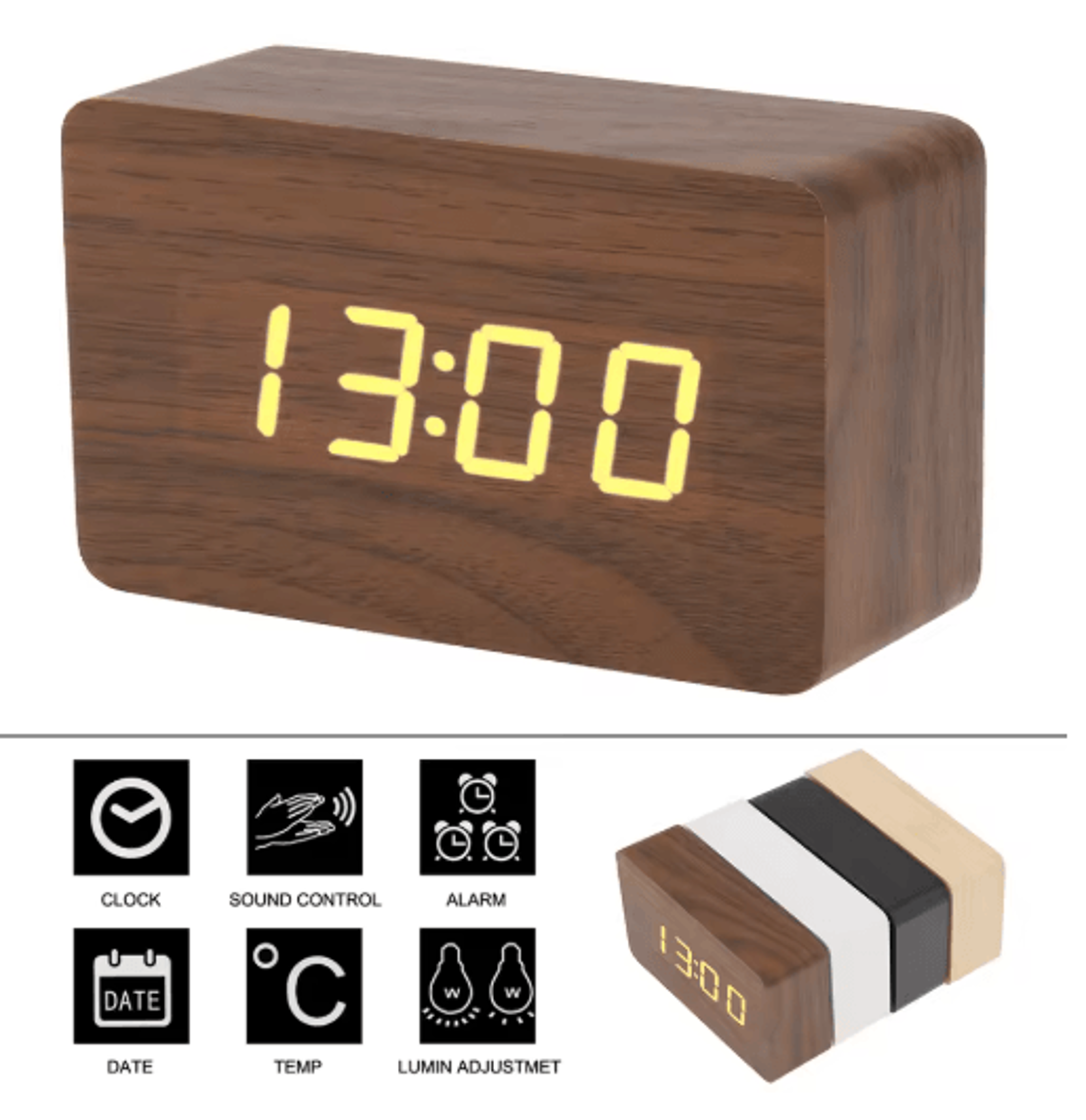 bamboo led digital alarm clock – voice control, date & temperature display