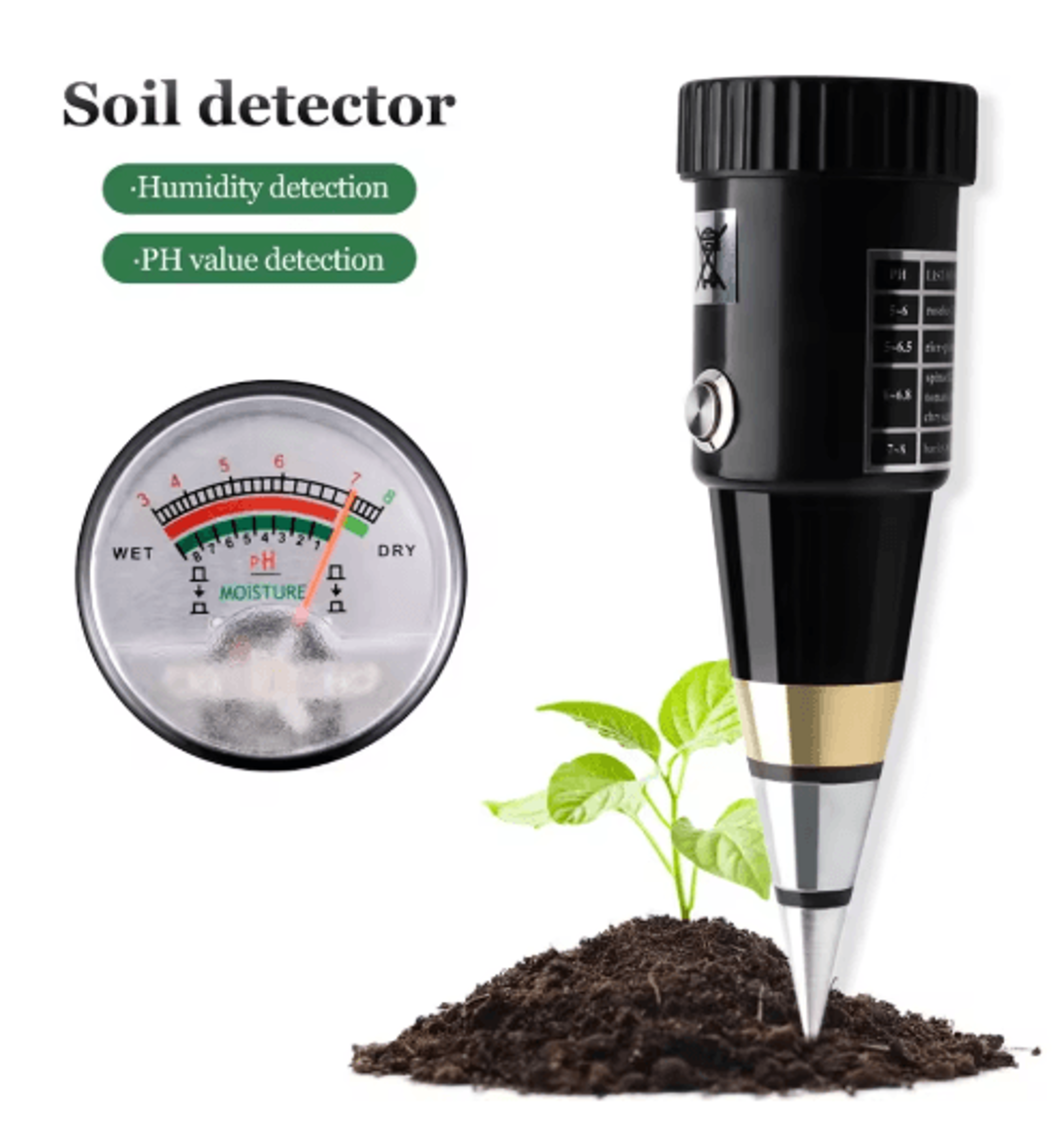 handheld soil ph & moisture meter – battery-free garden tester with metal probe