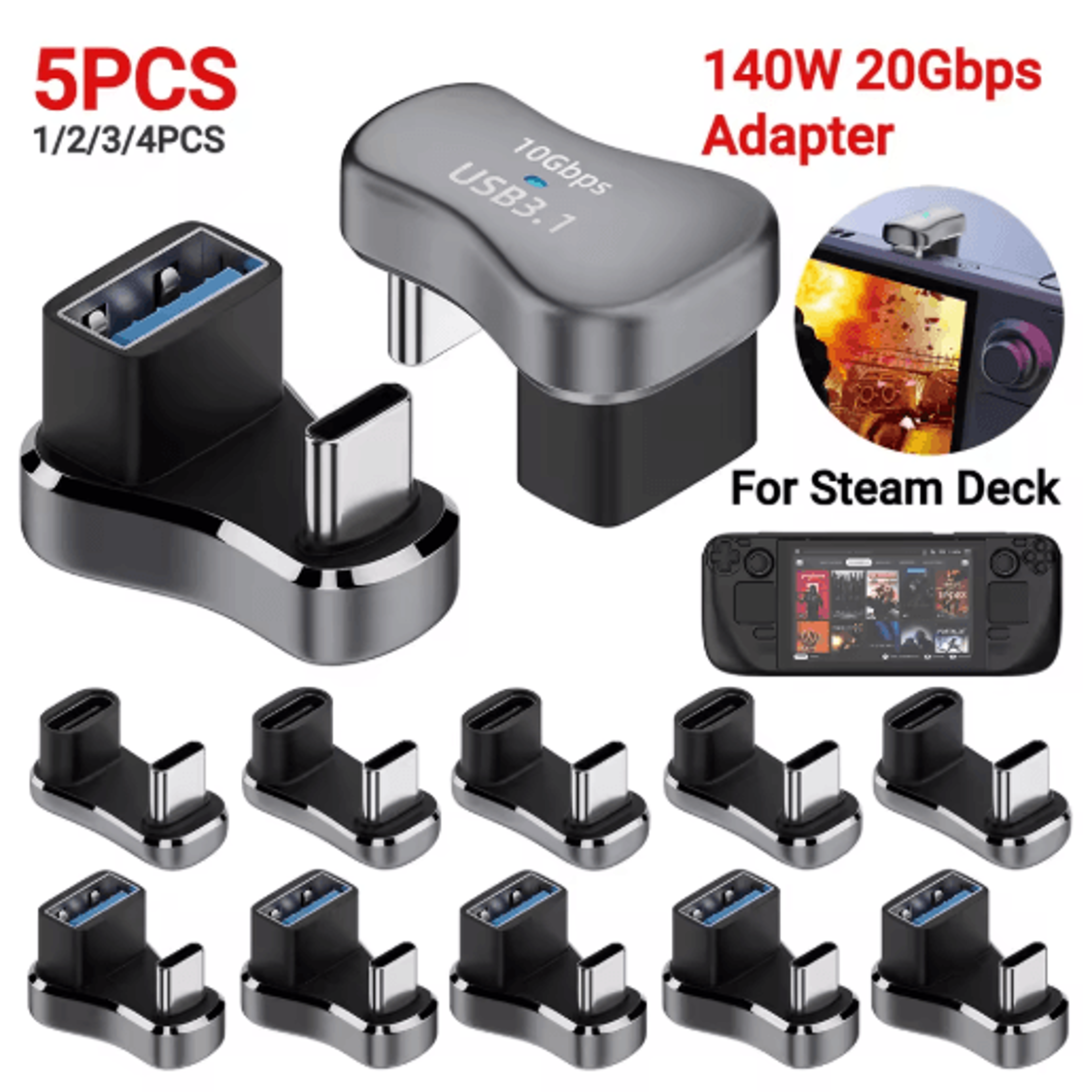 180° usb-c adapter for steam deck – 140w pd 20gbps extension connector