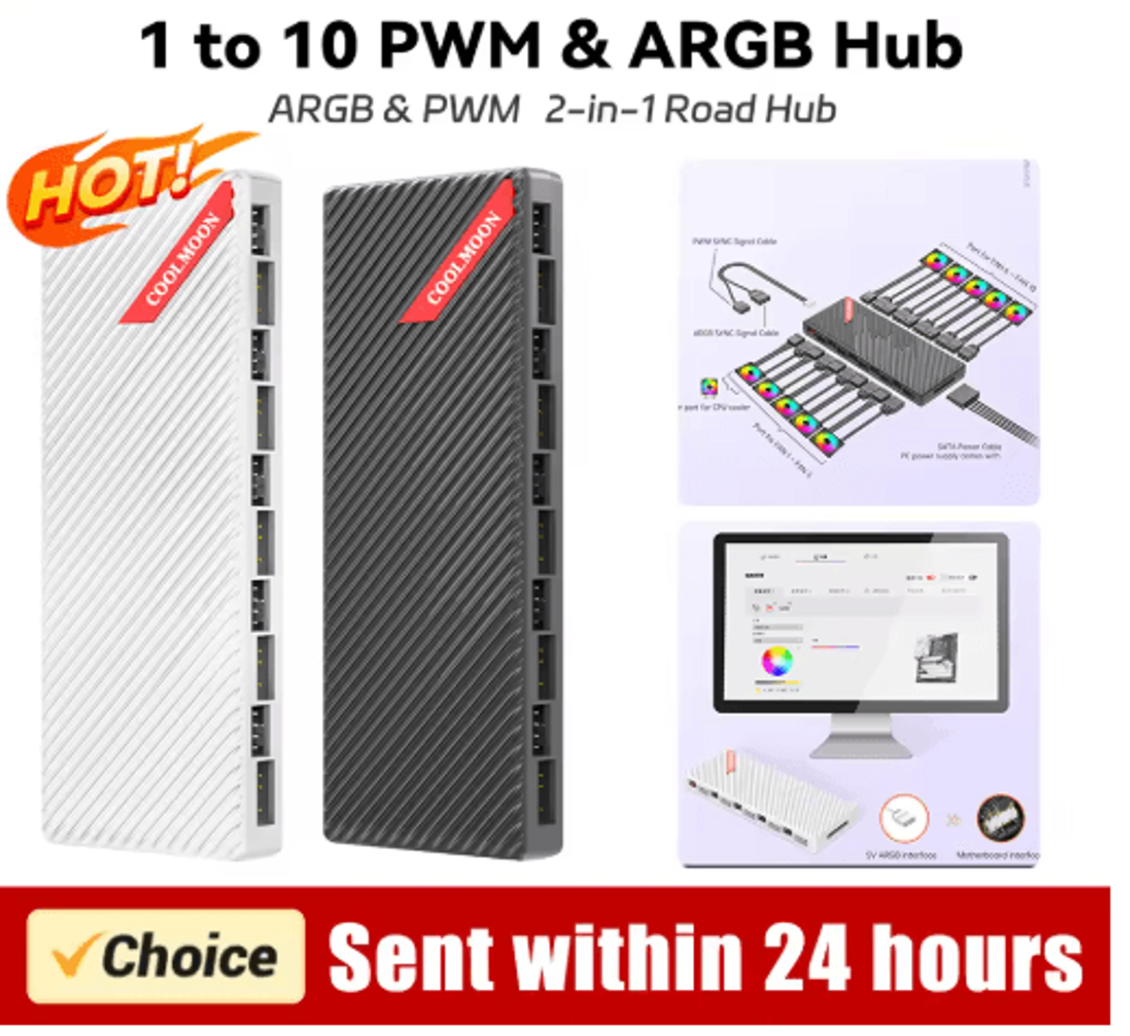 10-port pwm & argb fan hub – sata powered case fan controller