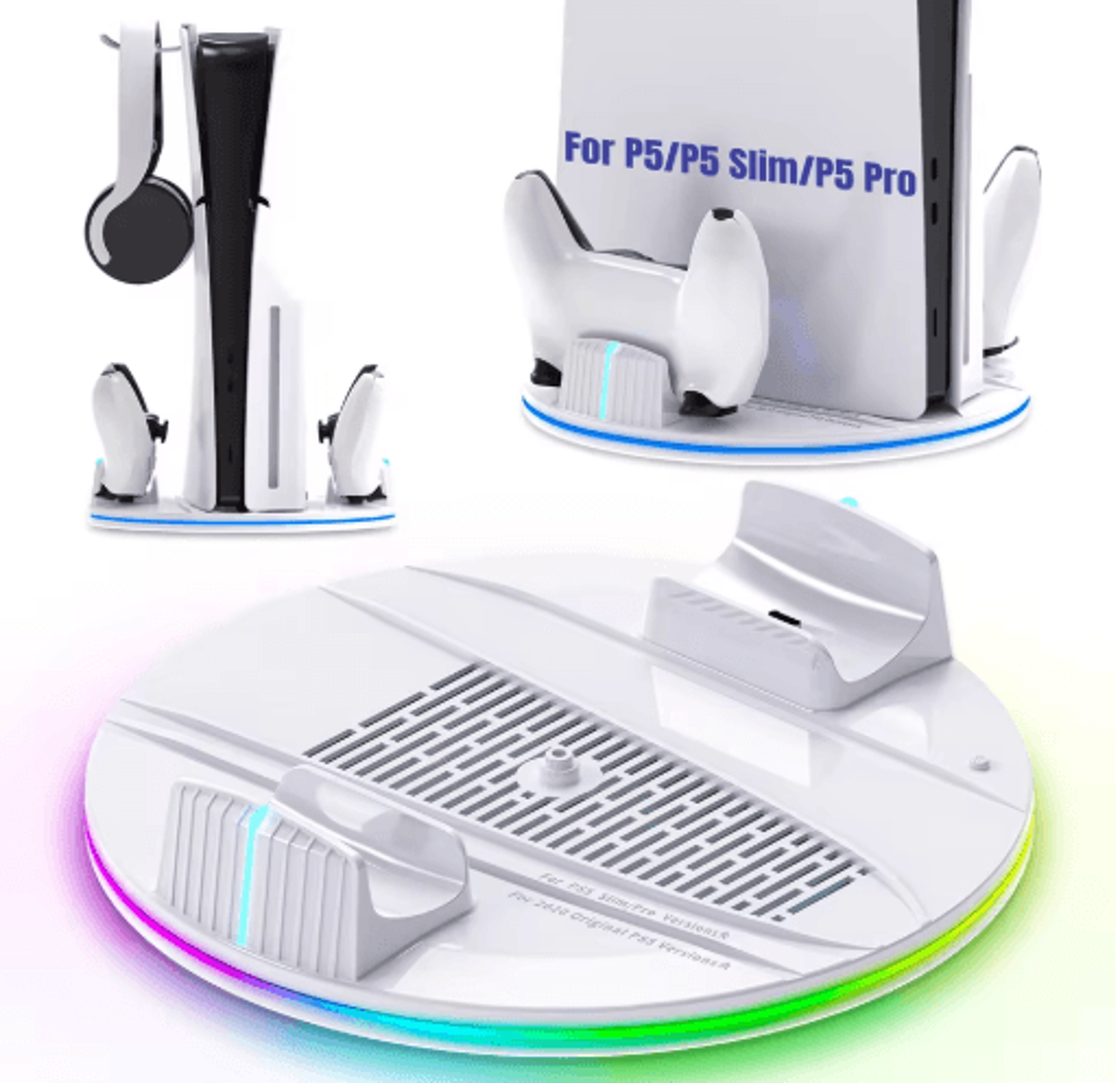 ps5 cooling & charging stand – dual controller dock with rgb & headphone hook