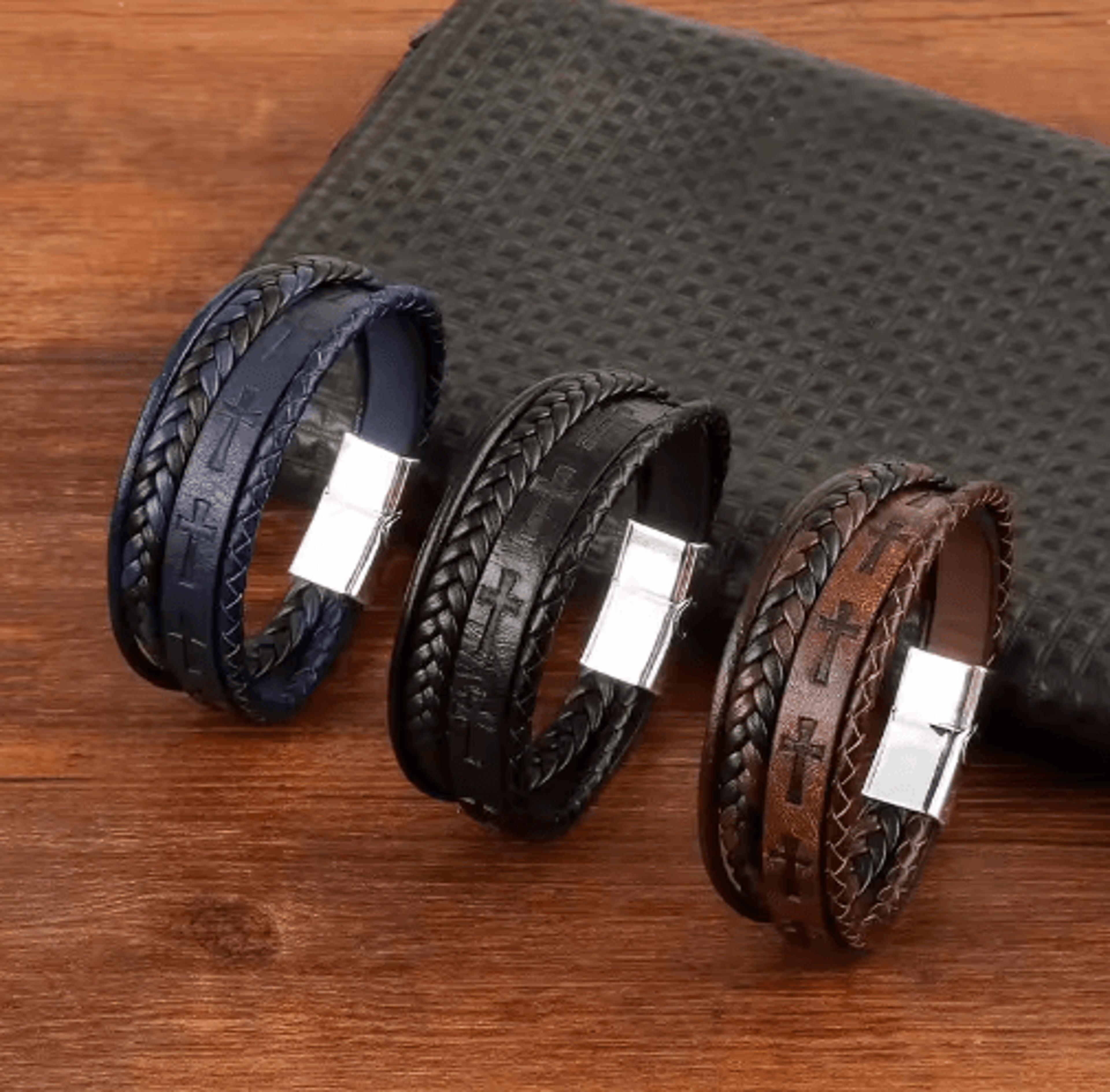 mens vintage cross bracelet – handwoven punk leather wristband