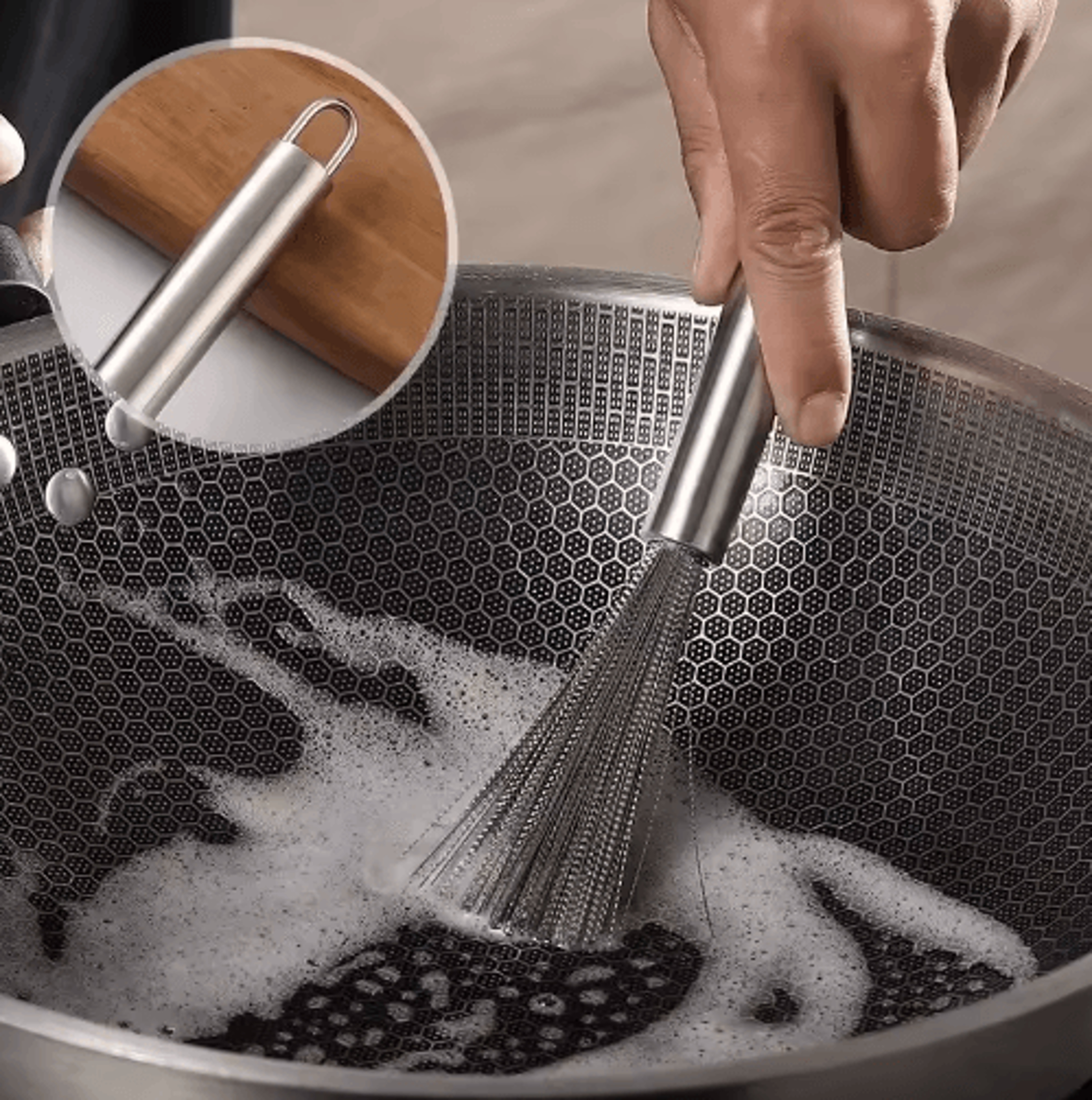 long handle stainless steel cleaning brush – durable kitchen pot scrubber