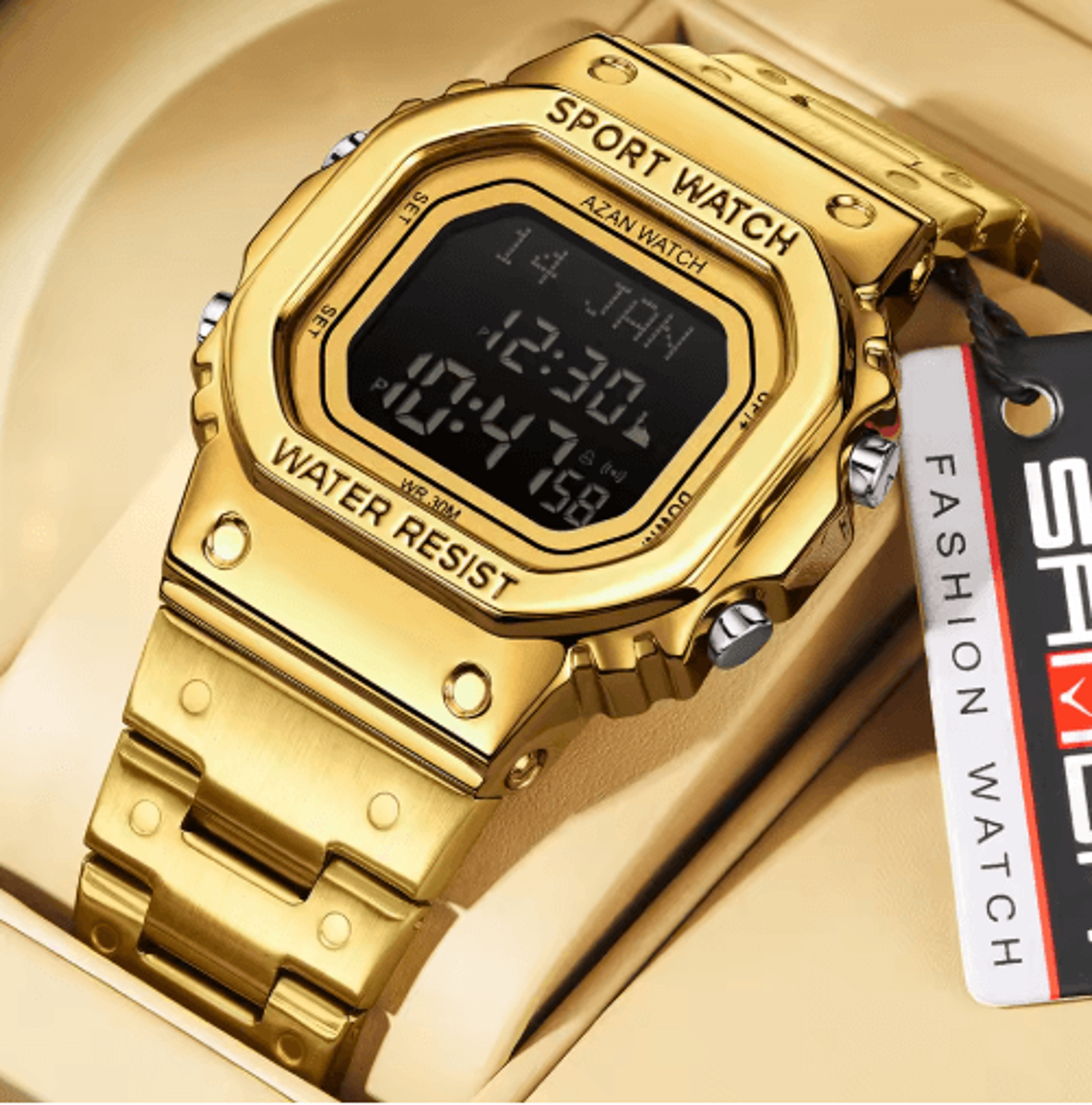 mens waterproof digital watch – gold-tone led sports wristwatch