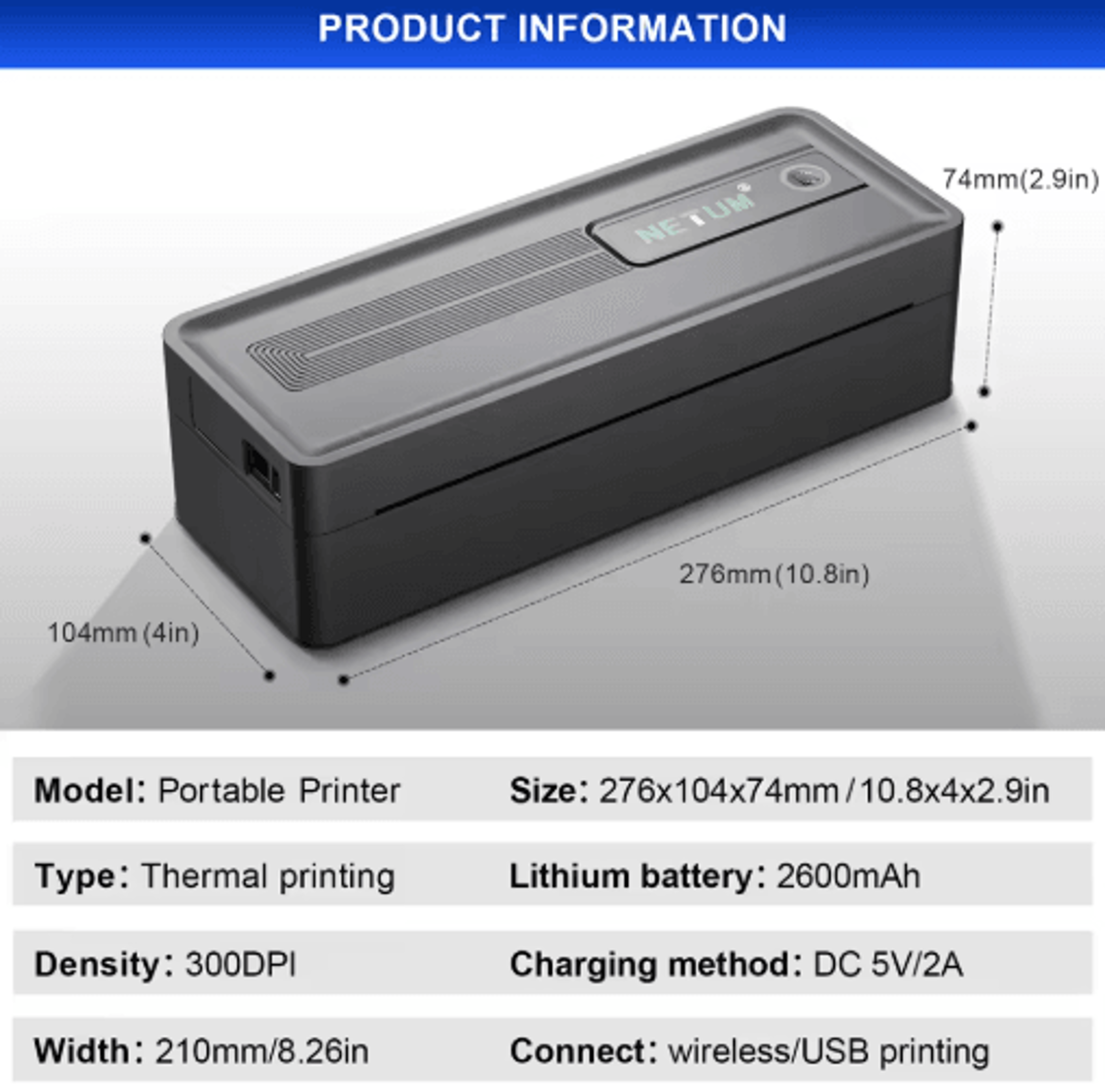Portable A4 Bluetooth Thermal Printer  300DPI Wireless Inkless Printer With 2600mAh Battery 3