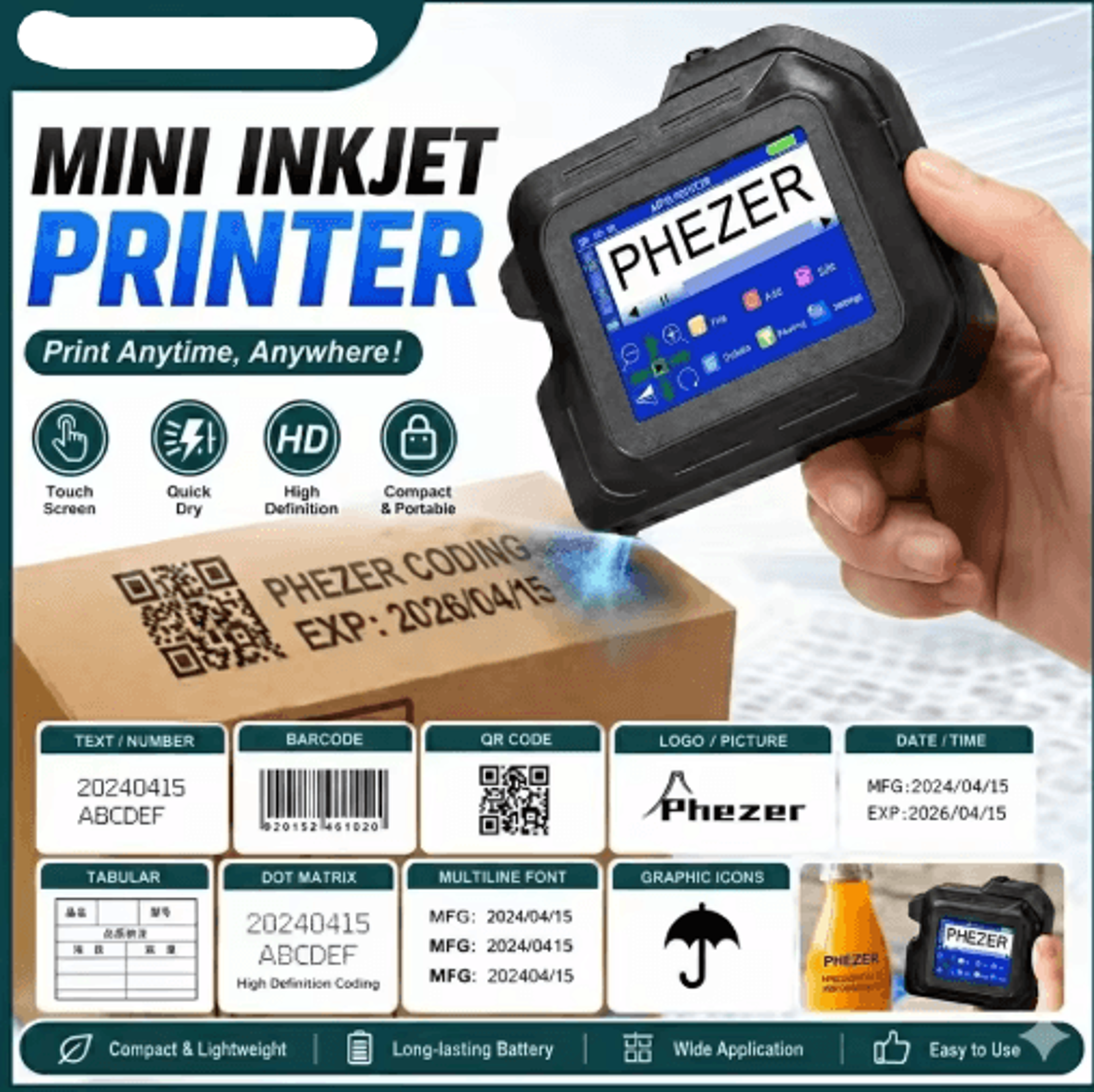mini handheld inkjet printer – 28-language qr code, barcode & expiry date printer