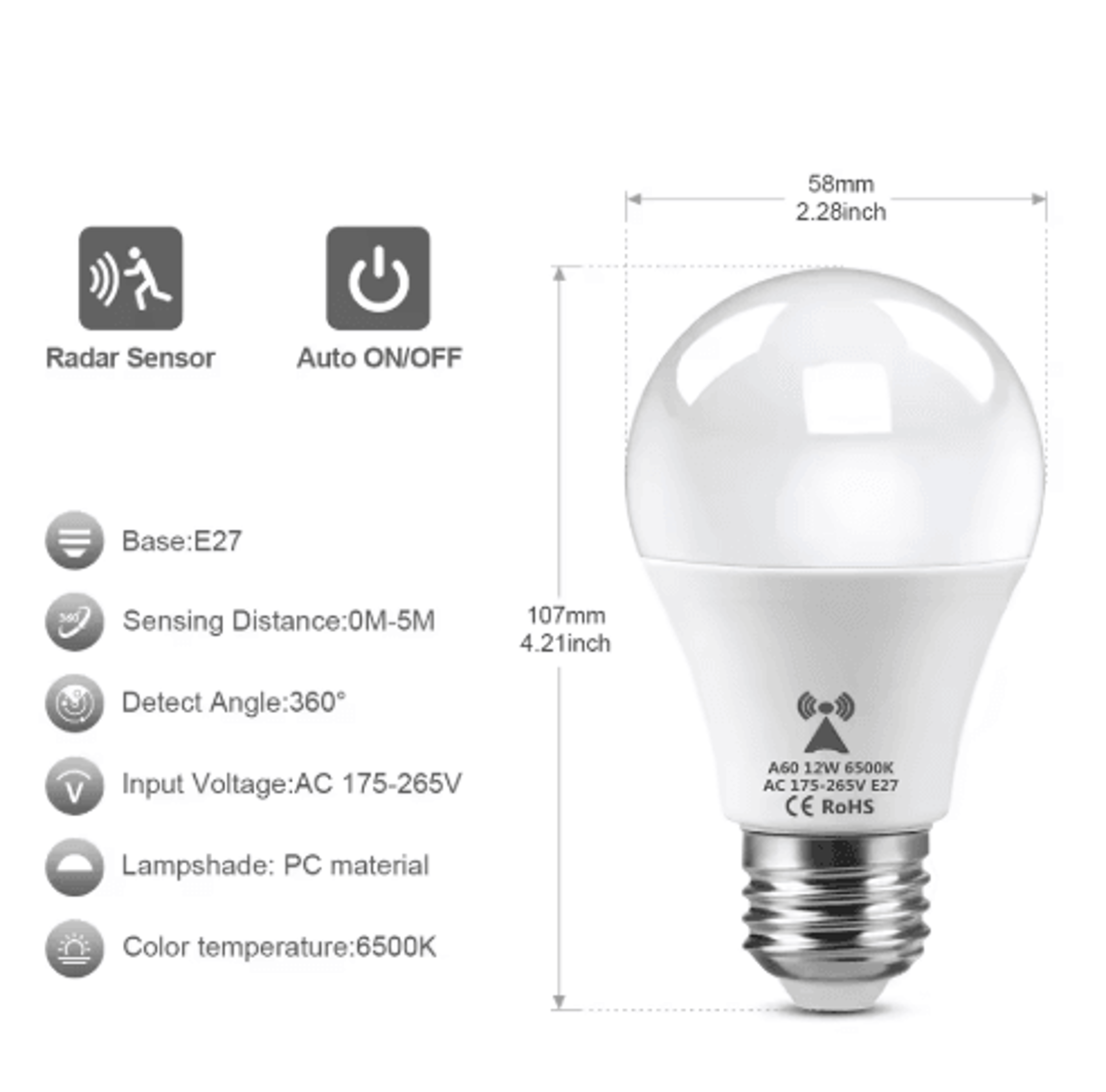 12W E27 LED Radar Motion Sensor Bulb  220V Automatic ONOFF Security Light 5