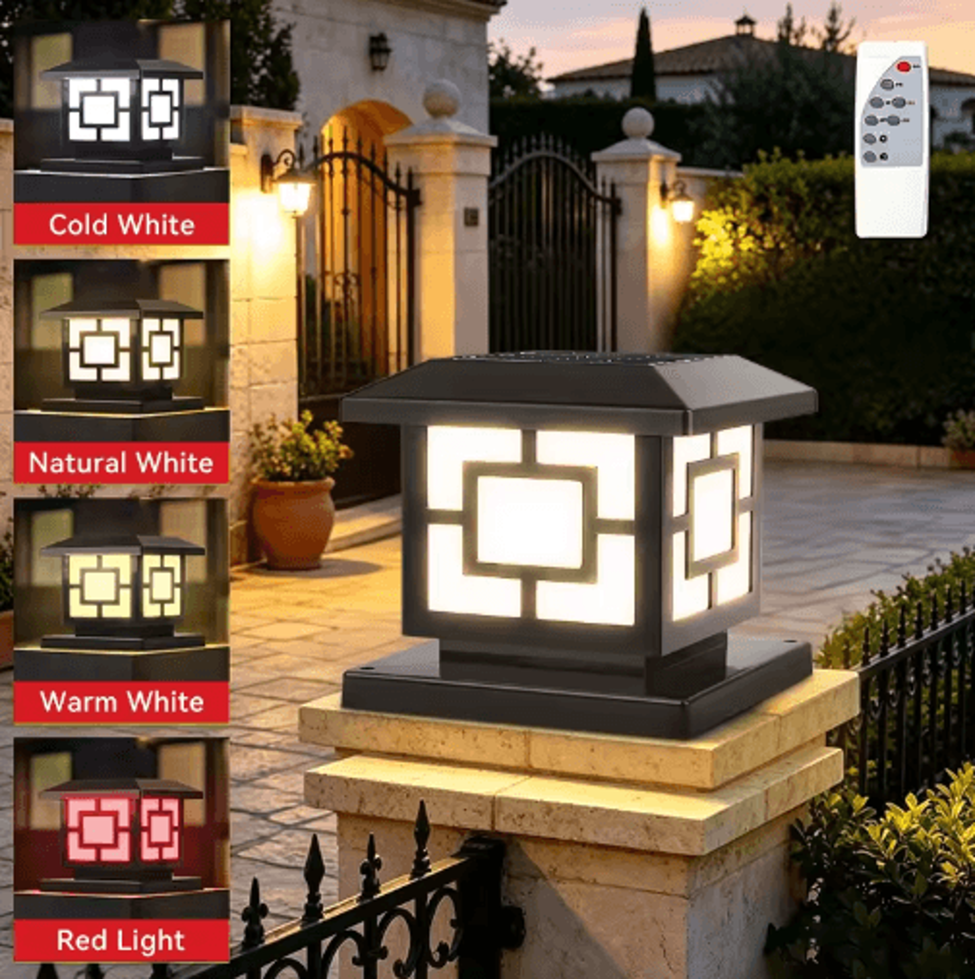 outdoor solar led pillar light – 4-color waterproof garden lamp with remote