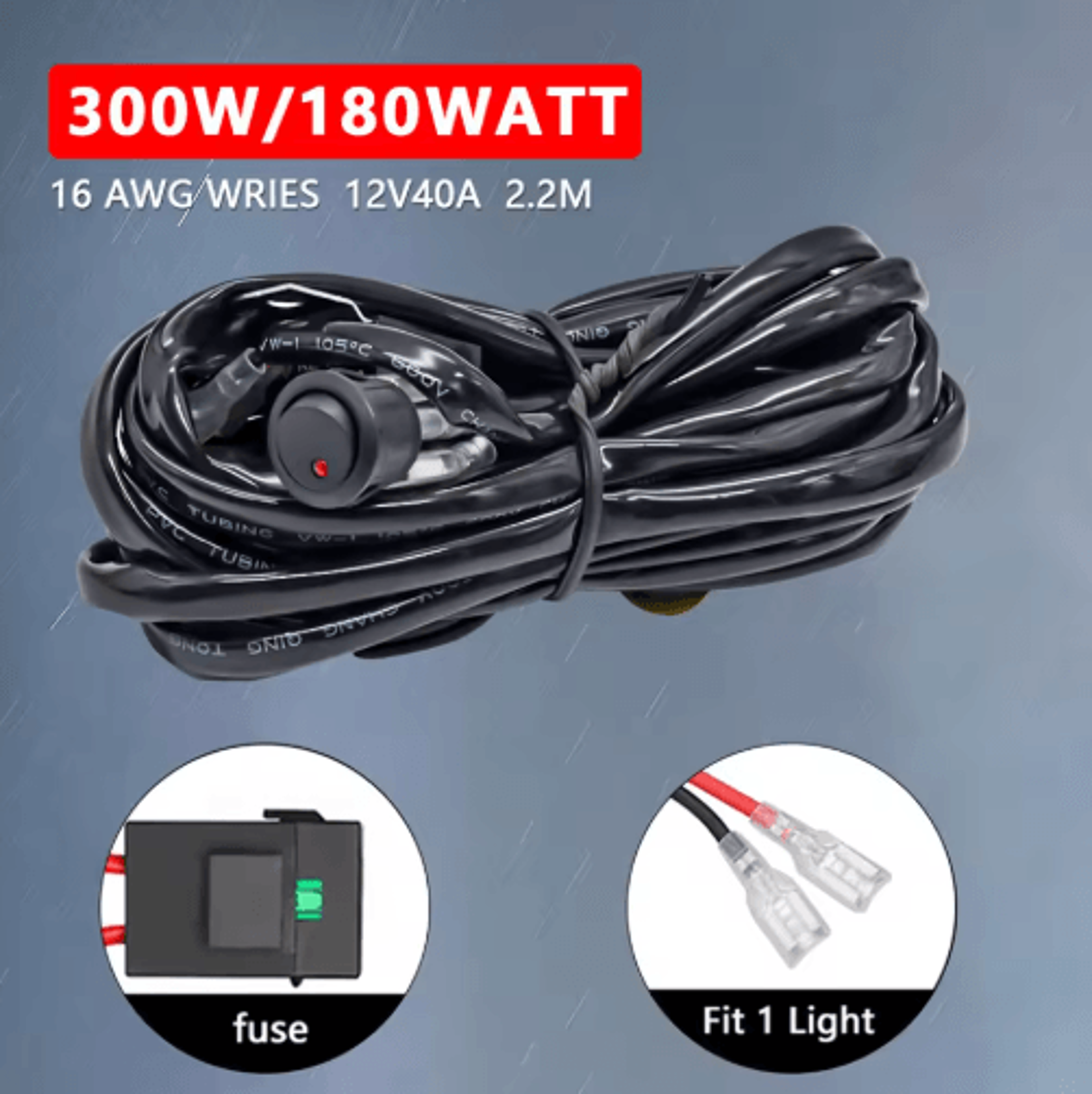 300W LED Light Bar Wiring Harness Kit  Dual Lead 16 AWG With 40A Relay 6