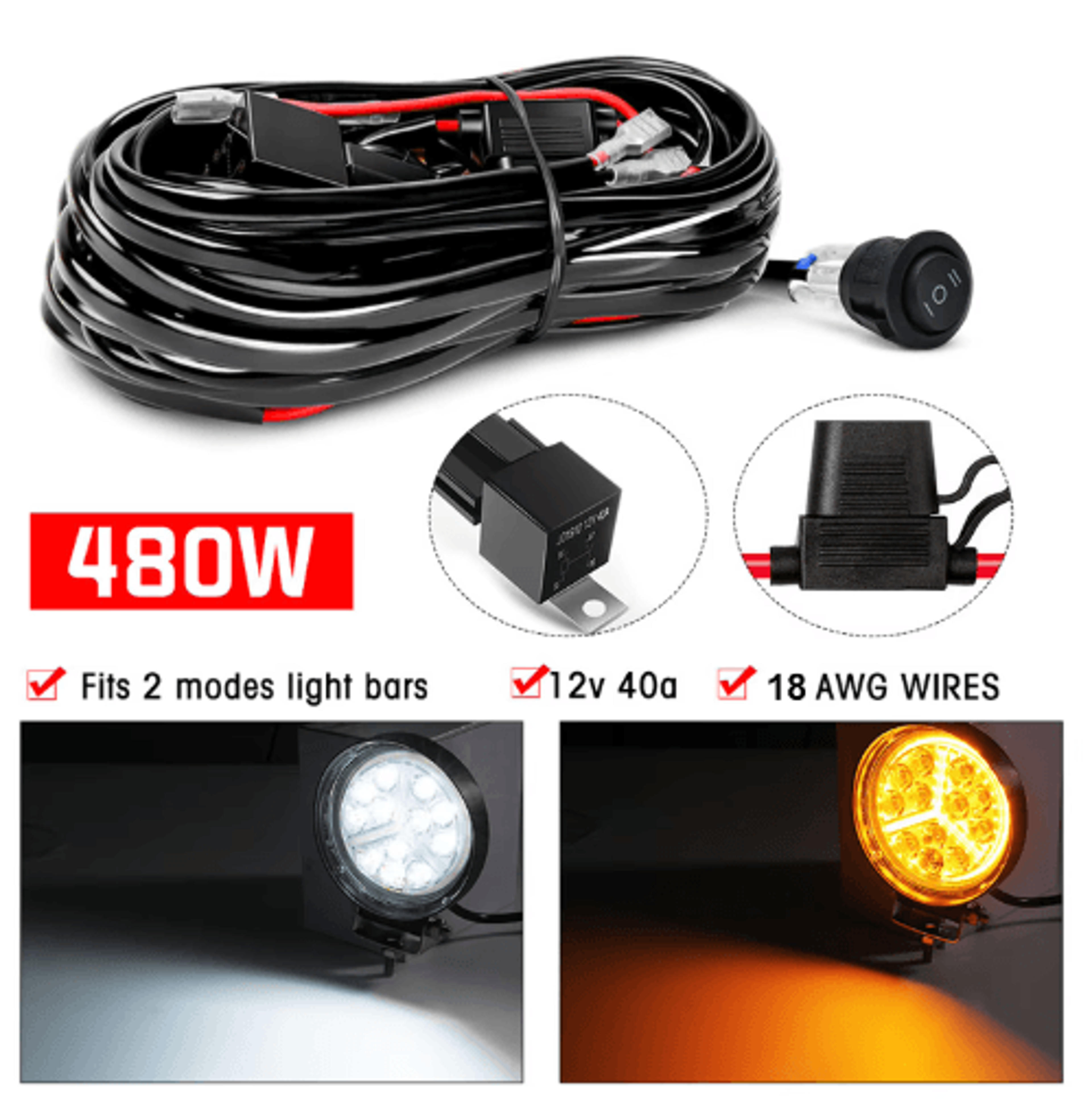480w led light bar wiring harness kit – 2 leads with 12v 40a relay & waterproof switch