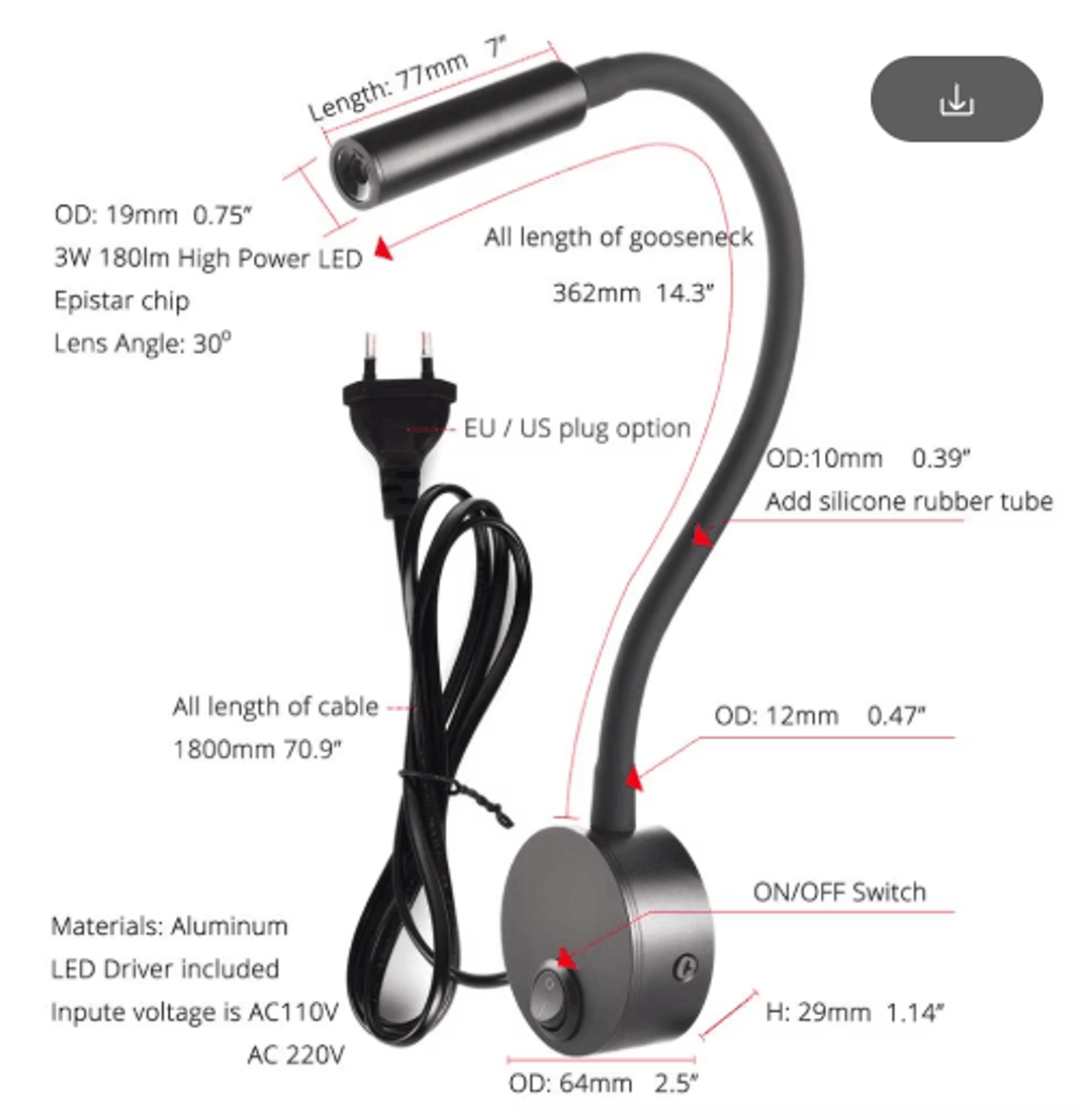 3W LED Wall Reading Lamp  Bedside Spotlight With EU Or US Plug 10
