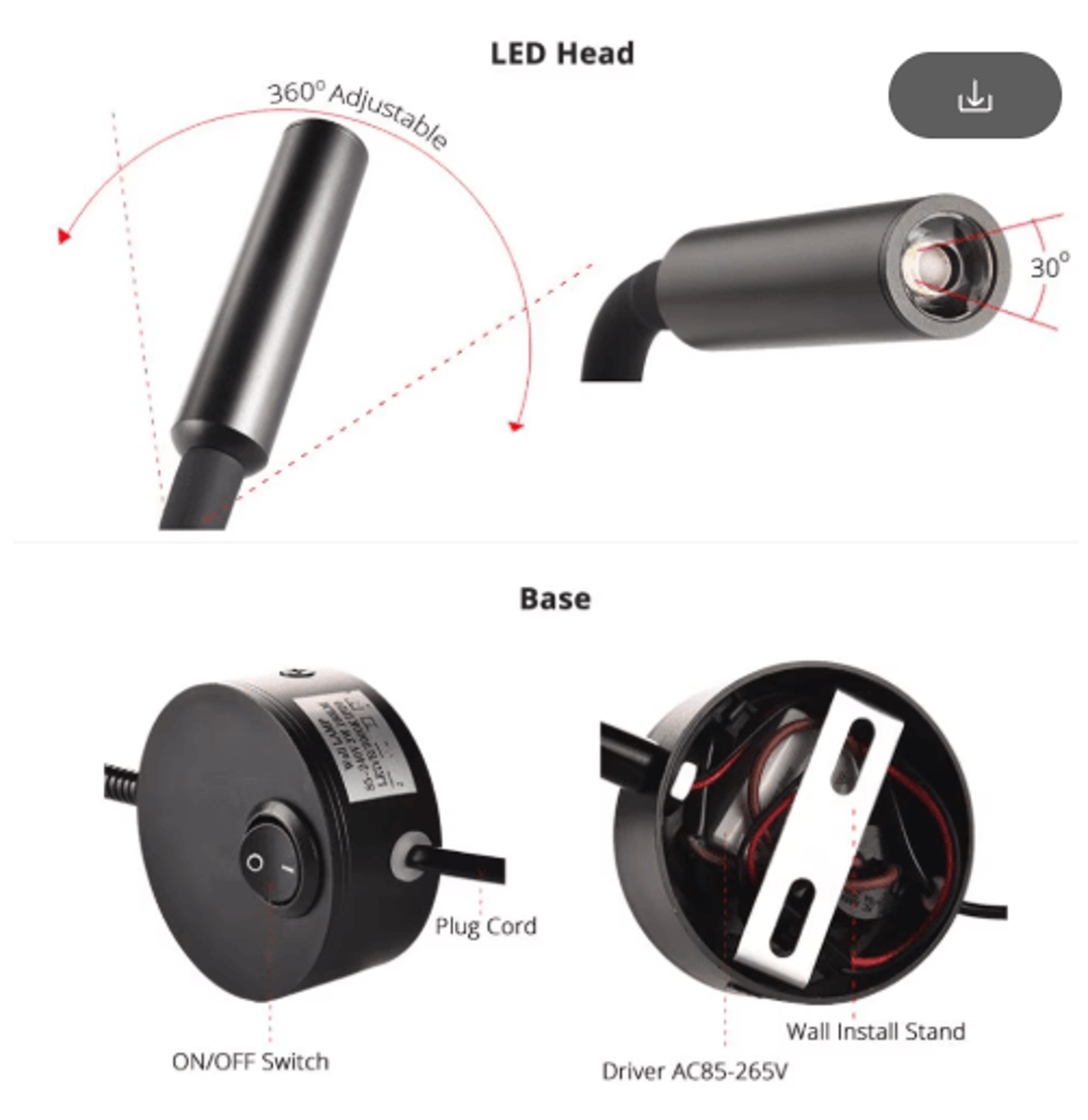 3W LED Wall Reading Lamp  Bedside Spotlight With EU Or US Plug 12