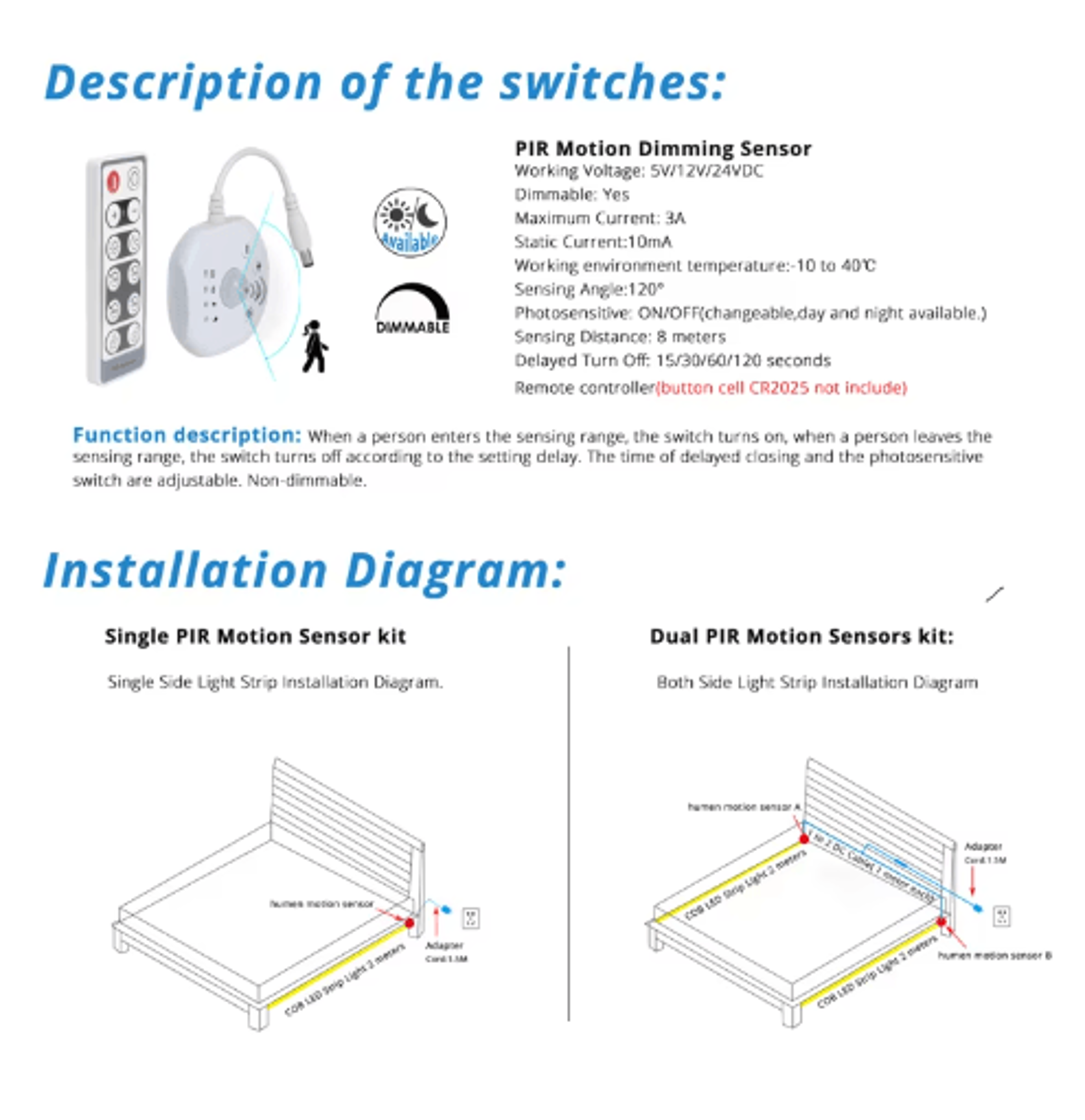 PIR Motion Sensor LED Strip Dimmer  Remote Control For 5V 12V 24V Lights 9