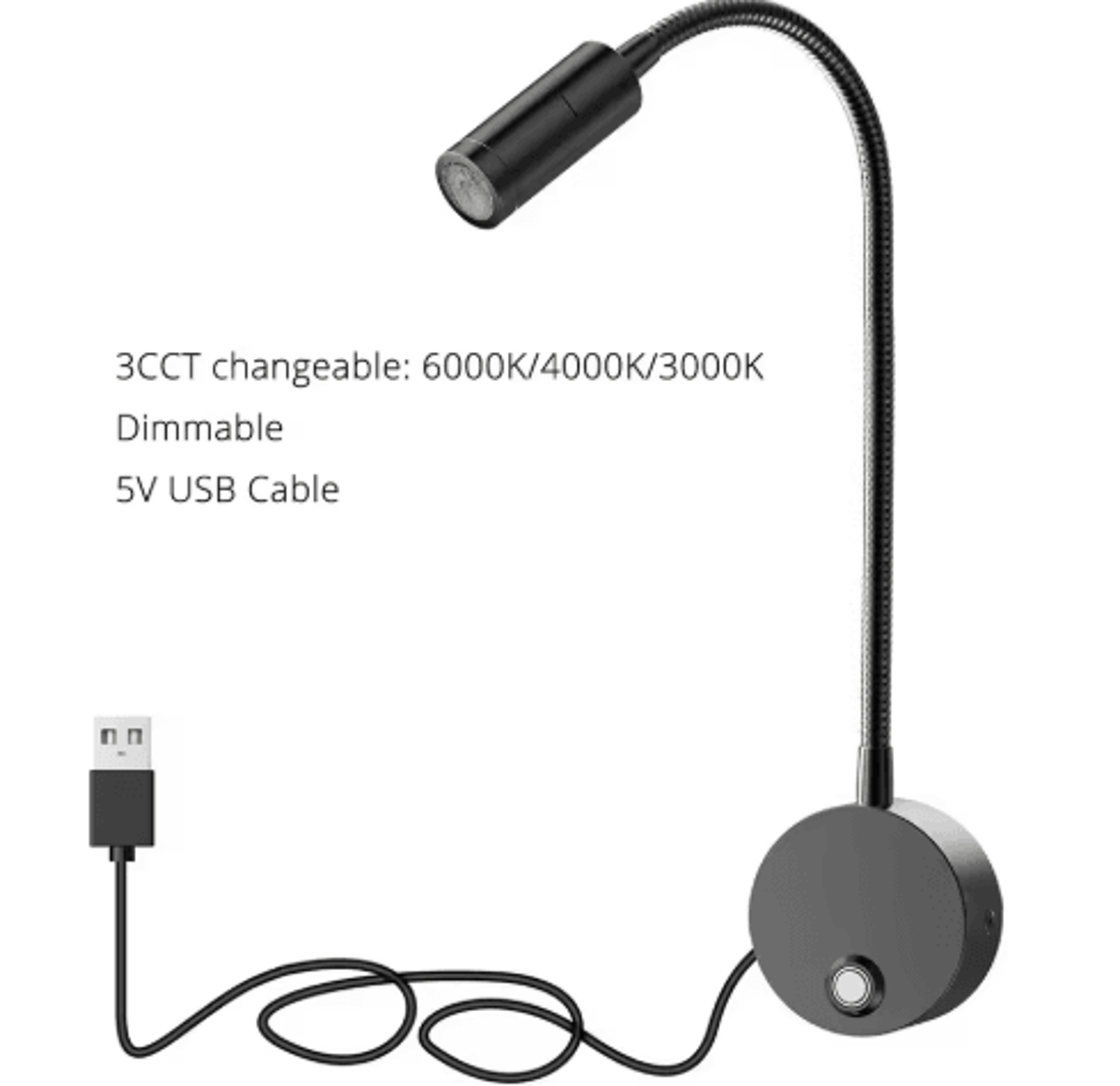 3W Dimmable LED Wall Reading Lamp  3CCT USB Gooseneck Bedside Light 3