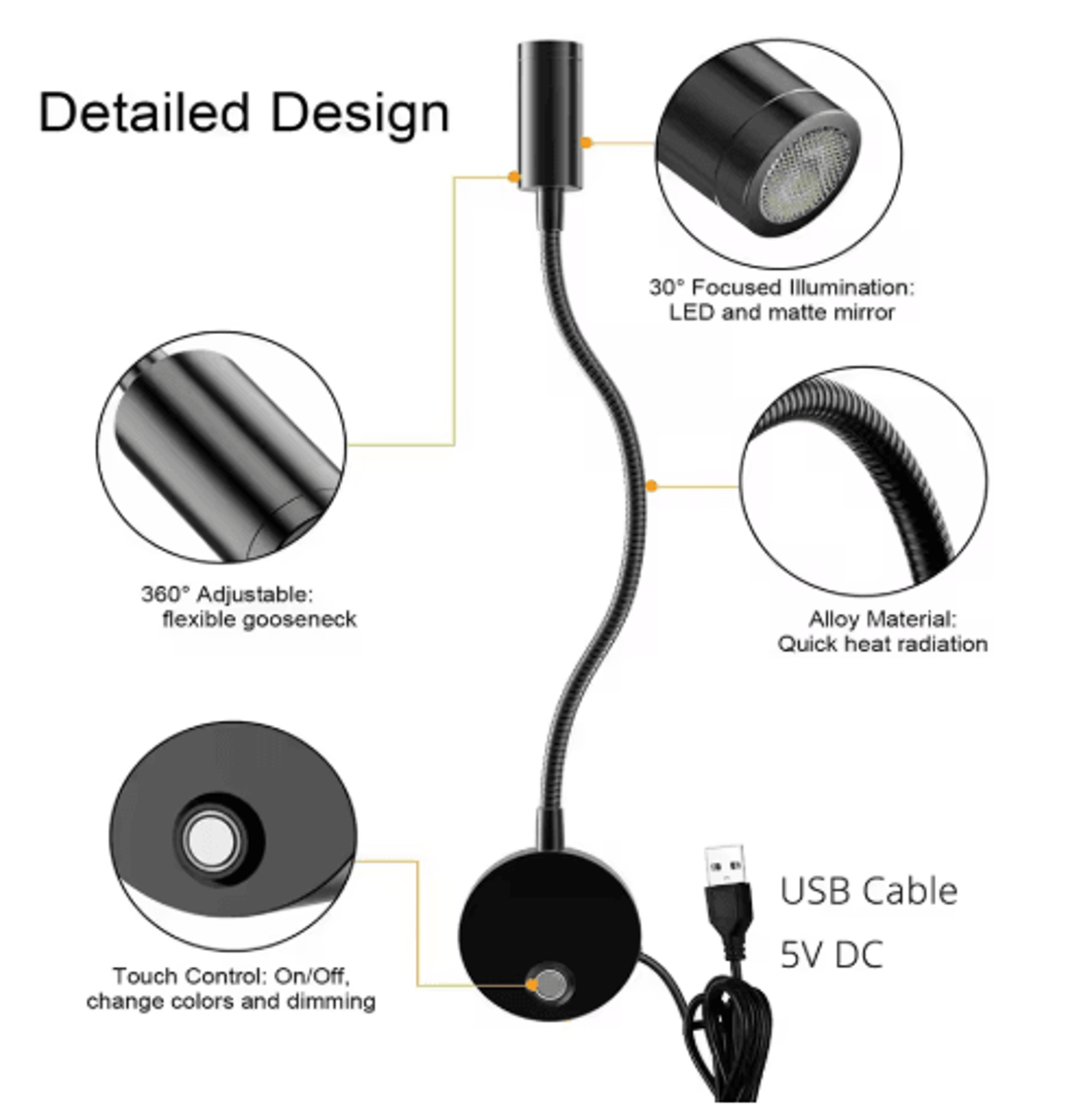 3W Dimmable LED Wall Reading Lamp  3CCT USB Gooseneck Bedside Light 8