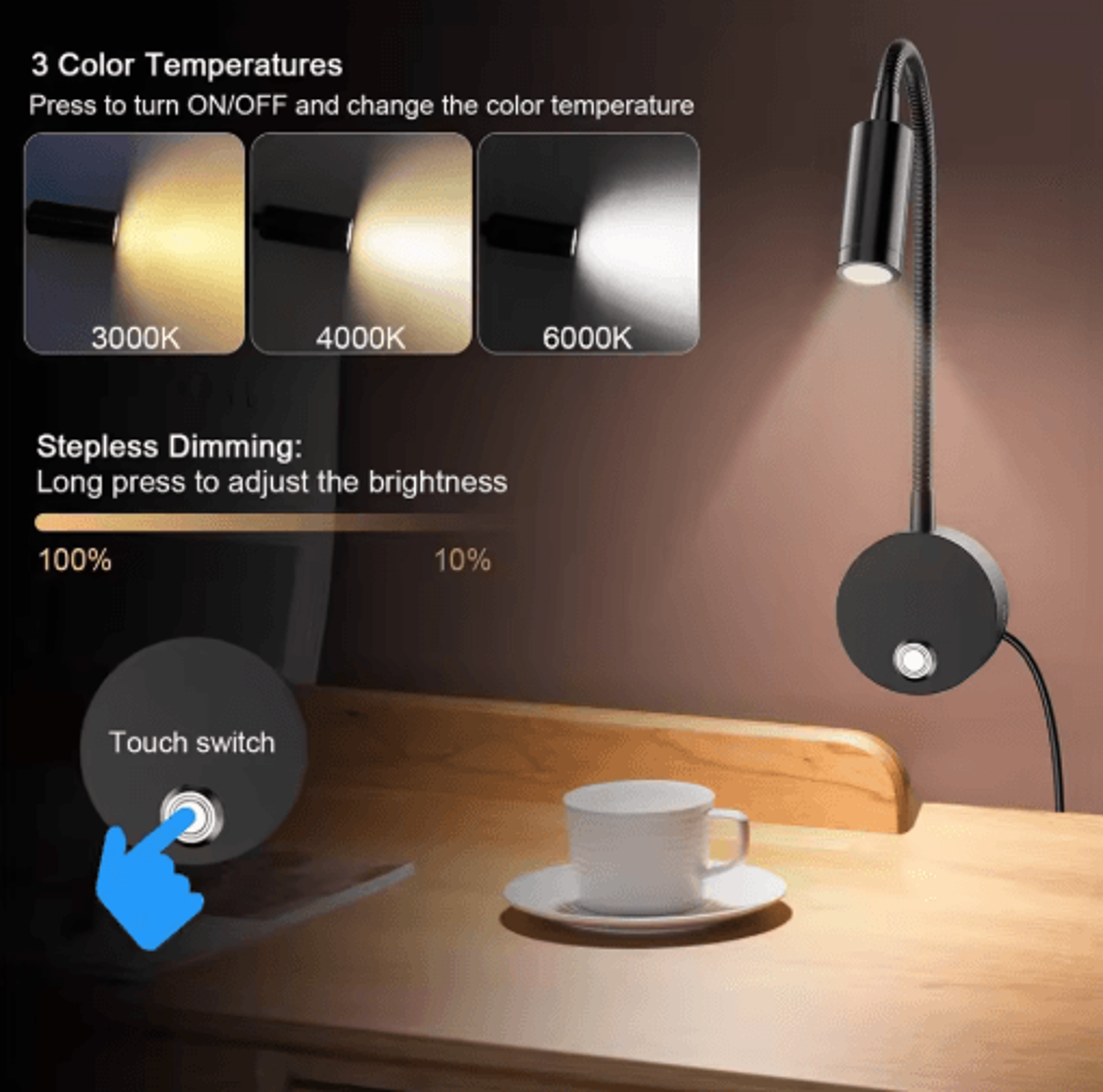 3W Dimmable LED Wall Reading Lamp  3CCT USB Gooseneck Bedside Light 9