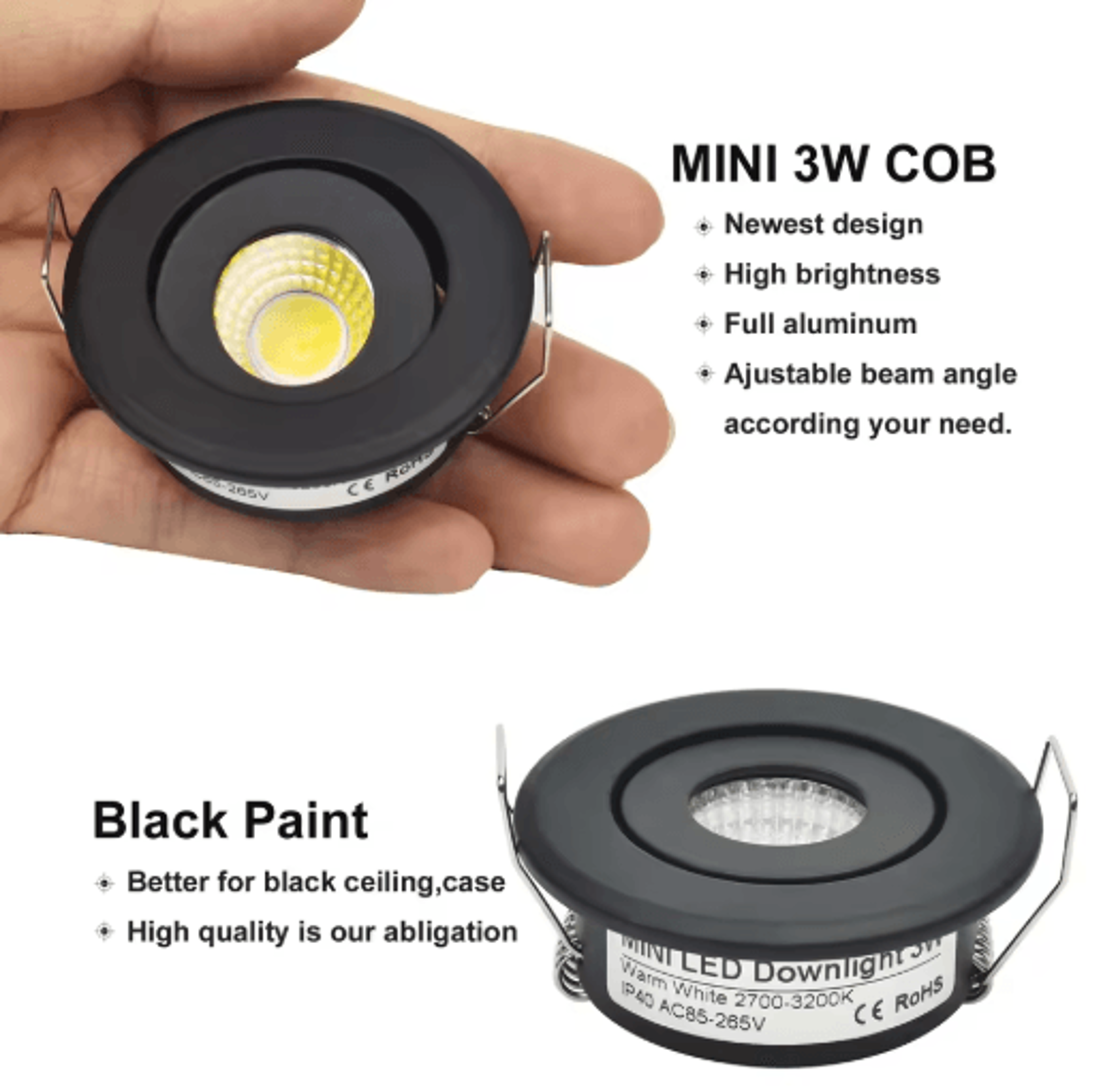 10PCS Mini COB LED Recessed Downlights  1W3W Black Aluminum Spotlights 7