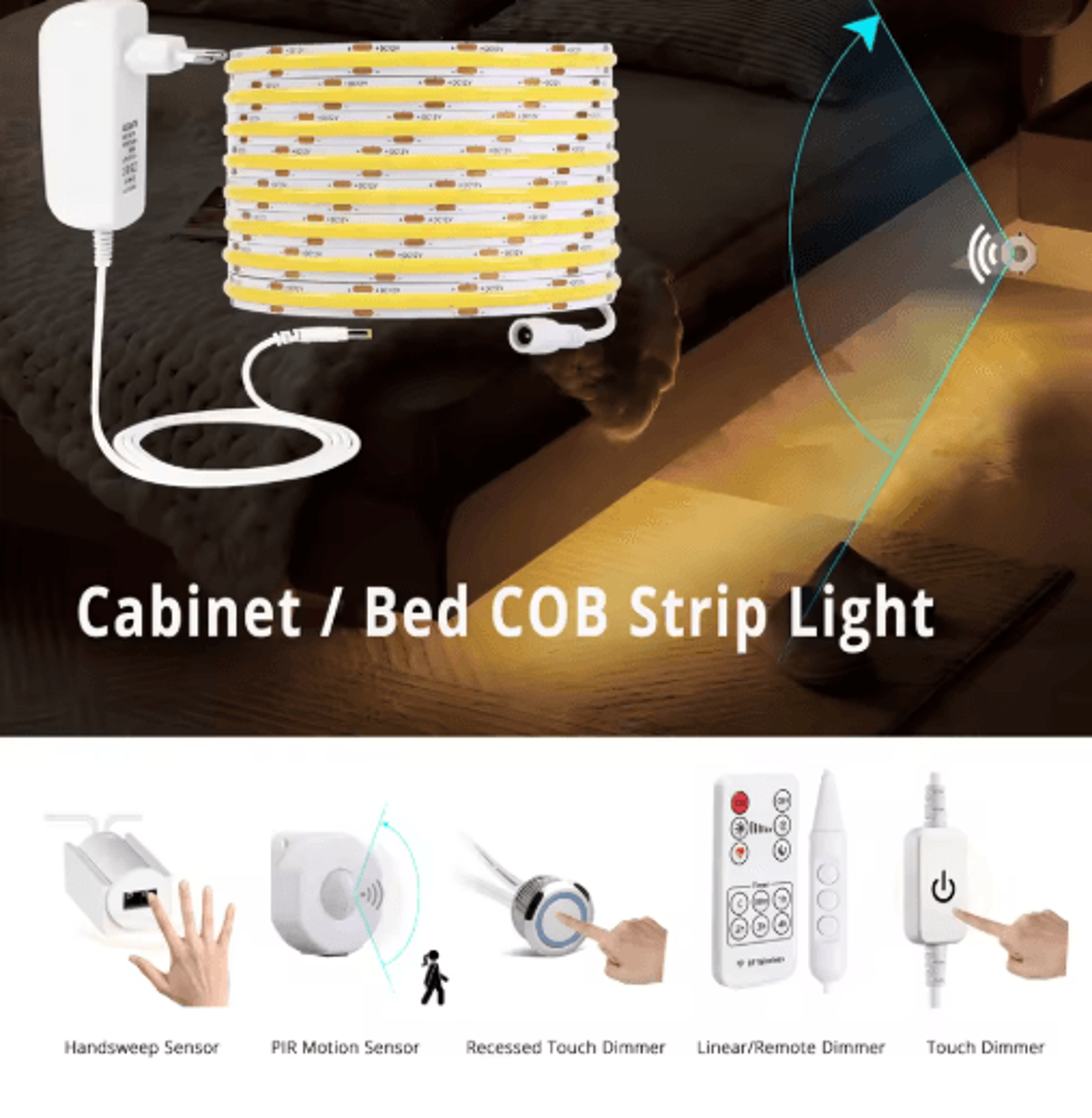 flexible led strip light kit – pir motion sensor with touch dimmer and remote
