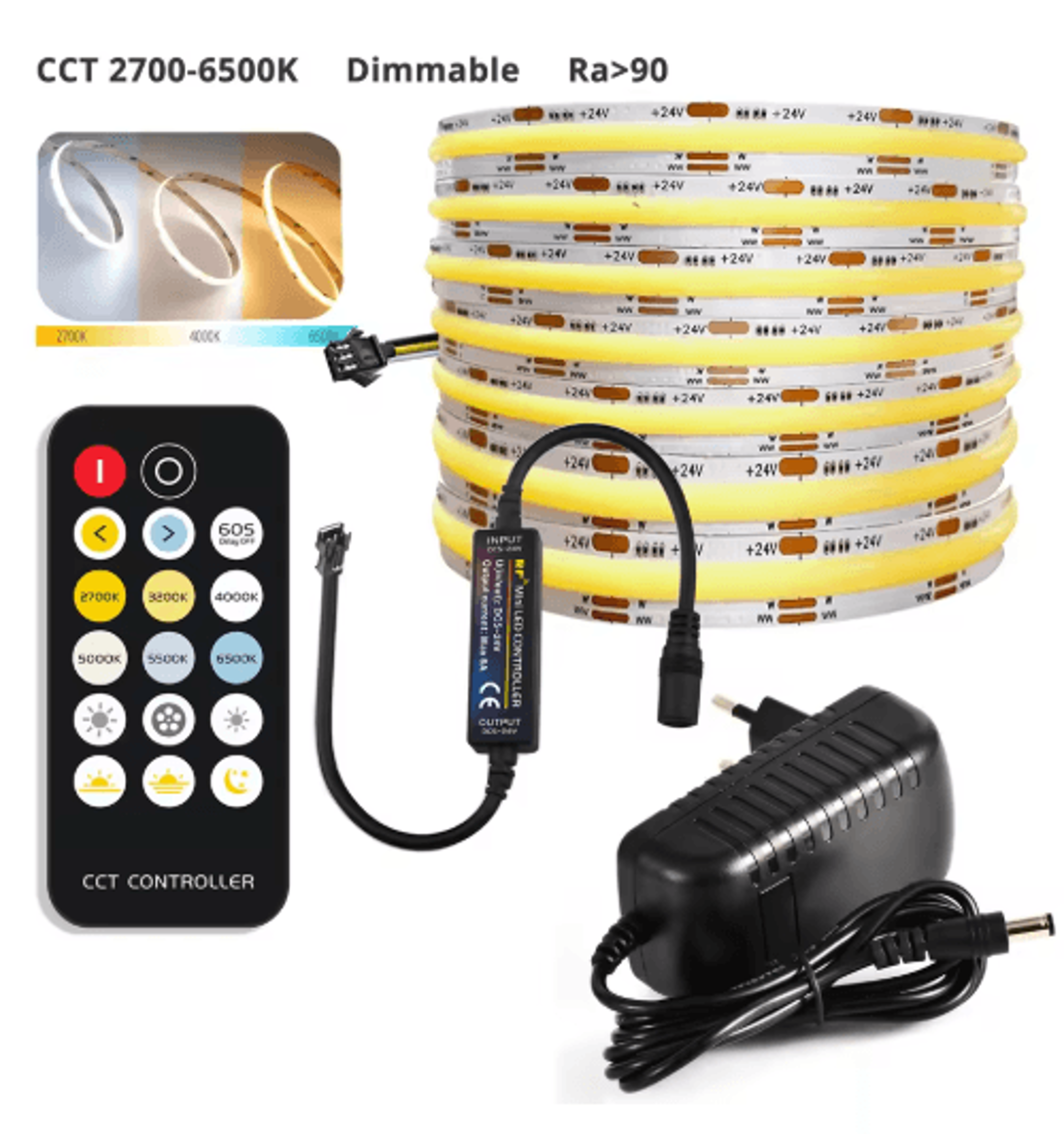 24V COB LED Strip Light Kit  3CCT Tunable White Dimmable Tape With Remote 3