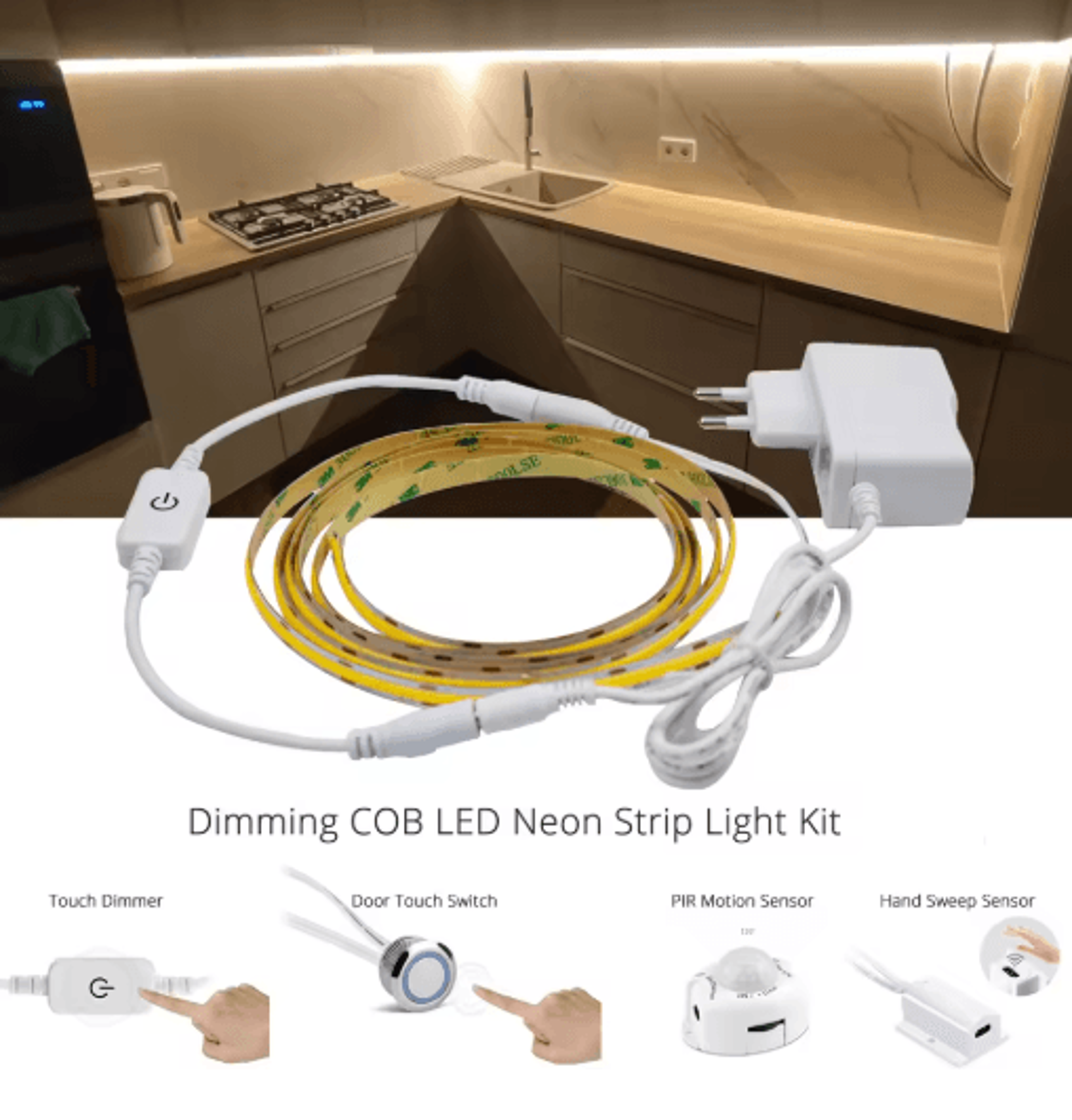 12v dimmable cob led strip light – 8mm flexible tape with sensor control