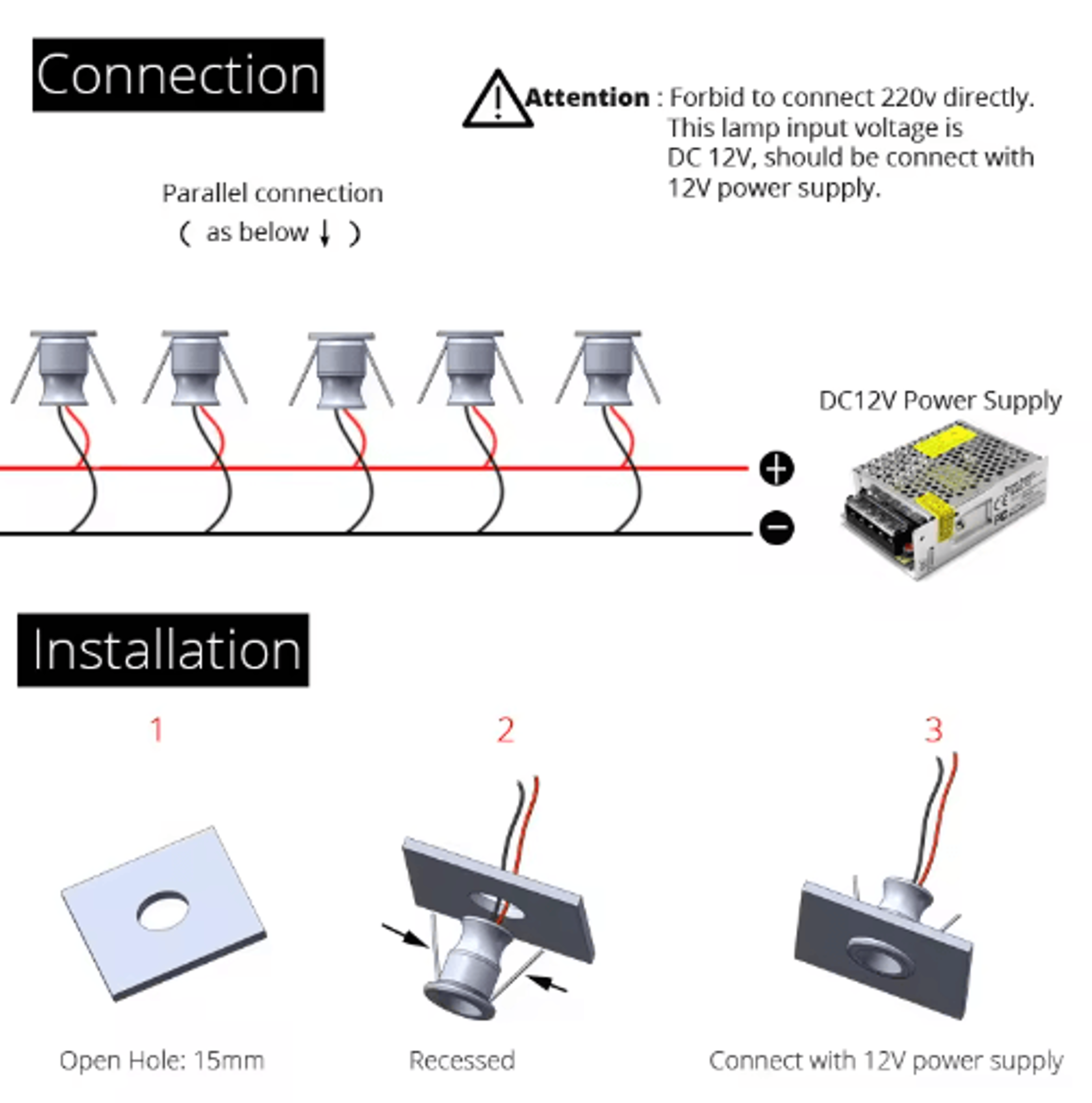 10PCS Mini LED Recessed Spotlights 1W IP65 Waterproof Cabinet Lights With Power Supply 3