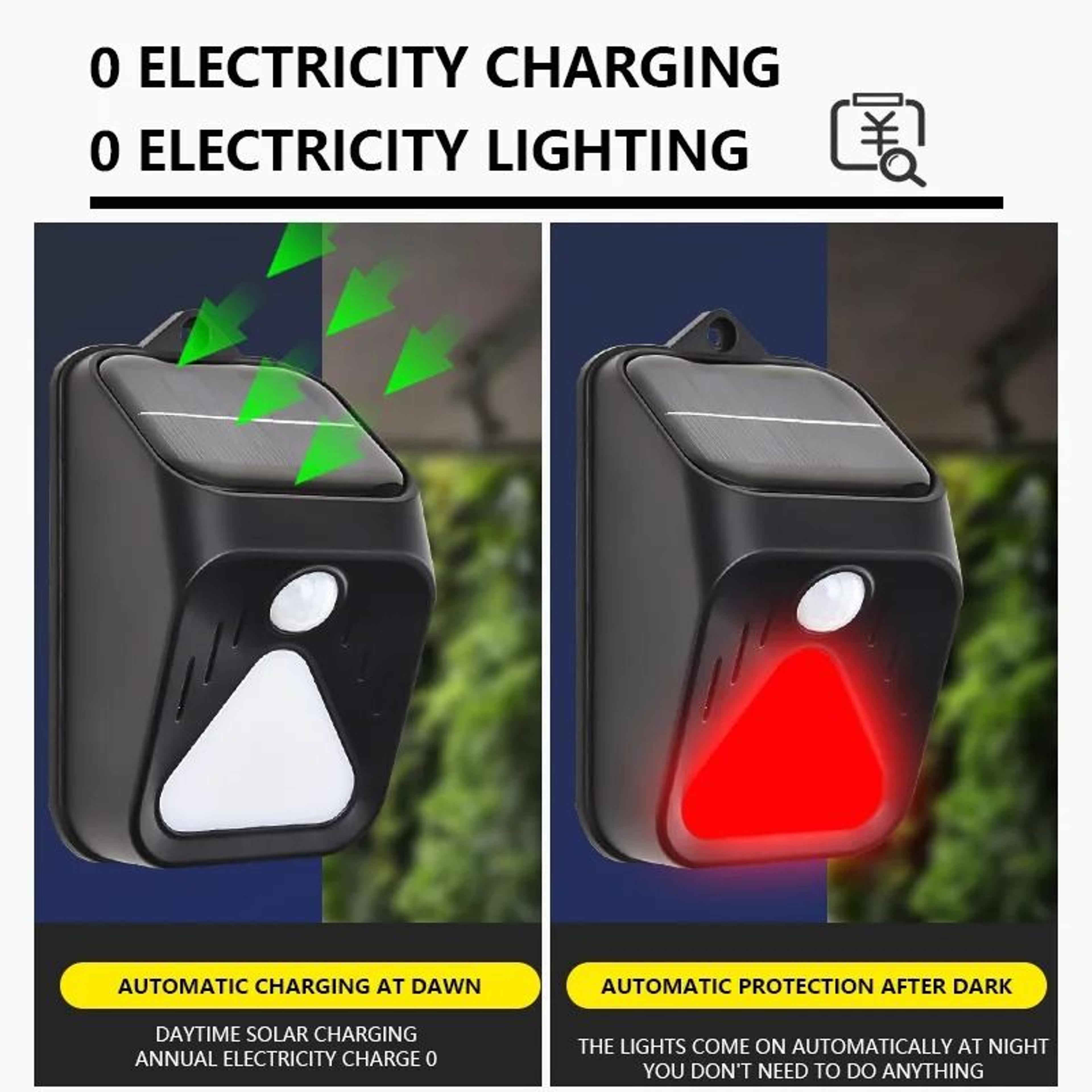 solar powered motion sensor alarm with siren and strobe light for outdoor security