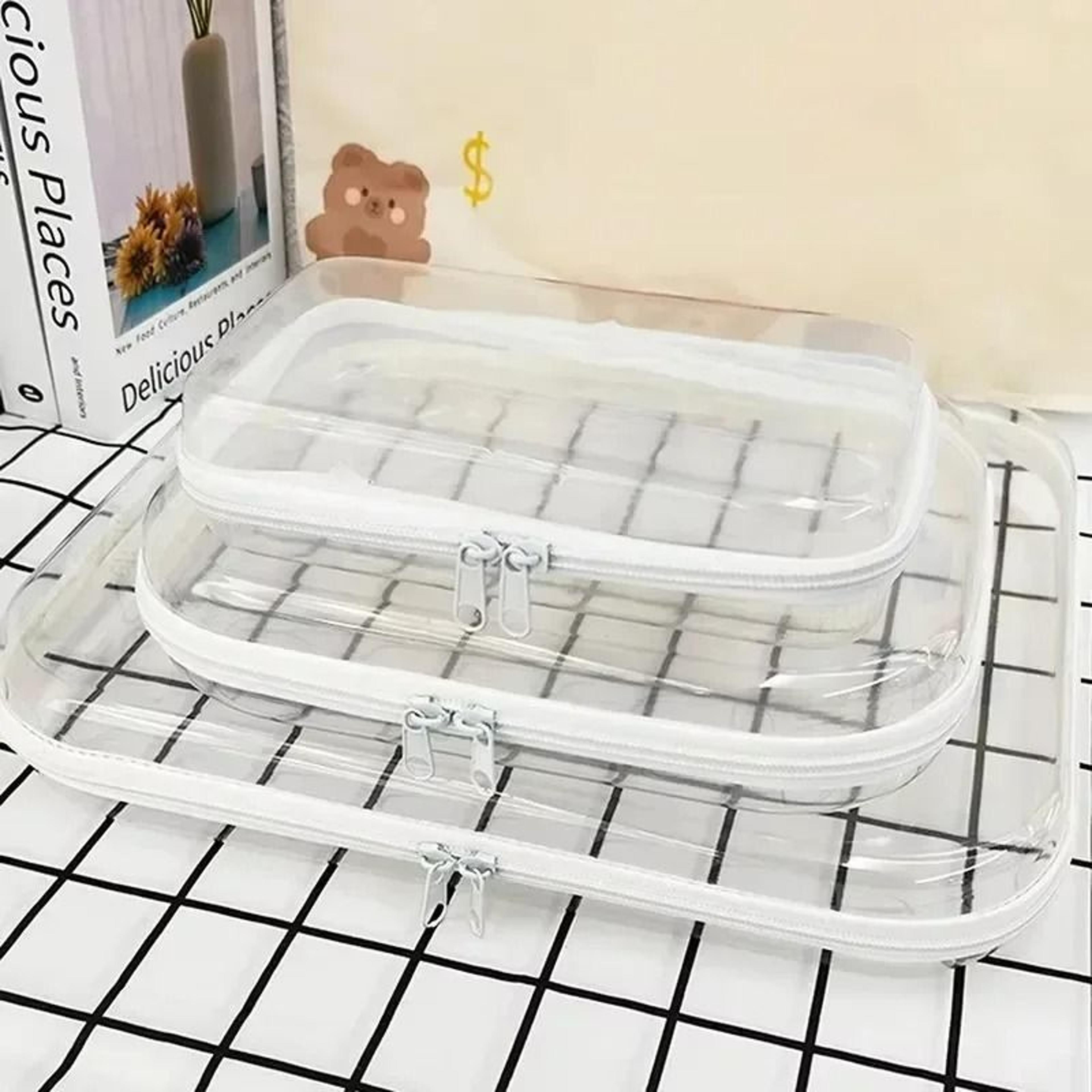 clear zippered hard storage pouch stackable plastic organizer for cosmetics toys and supplies