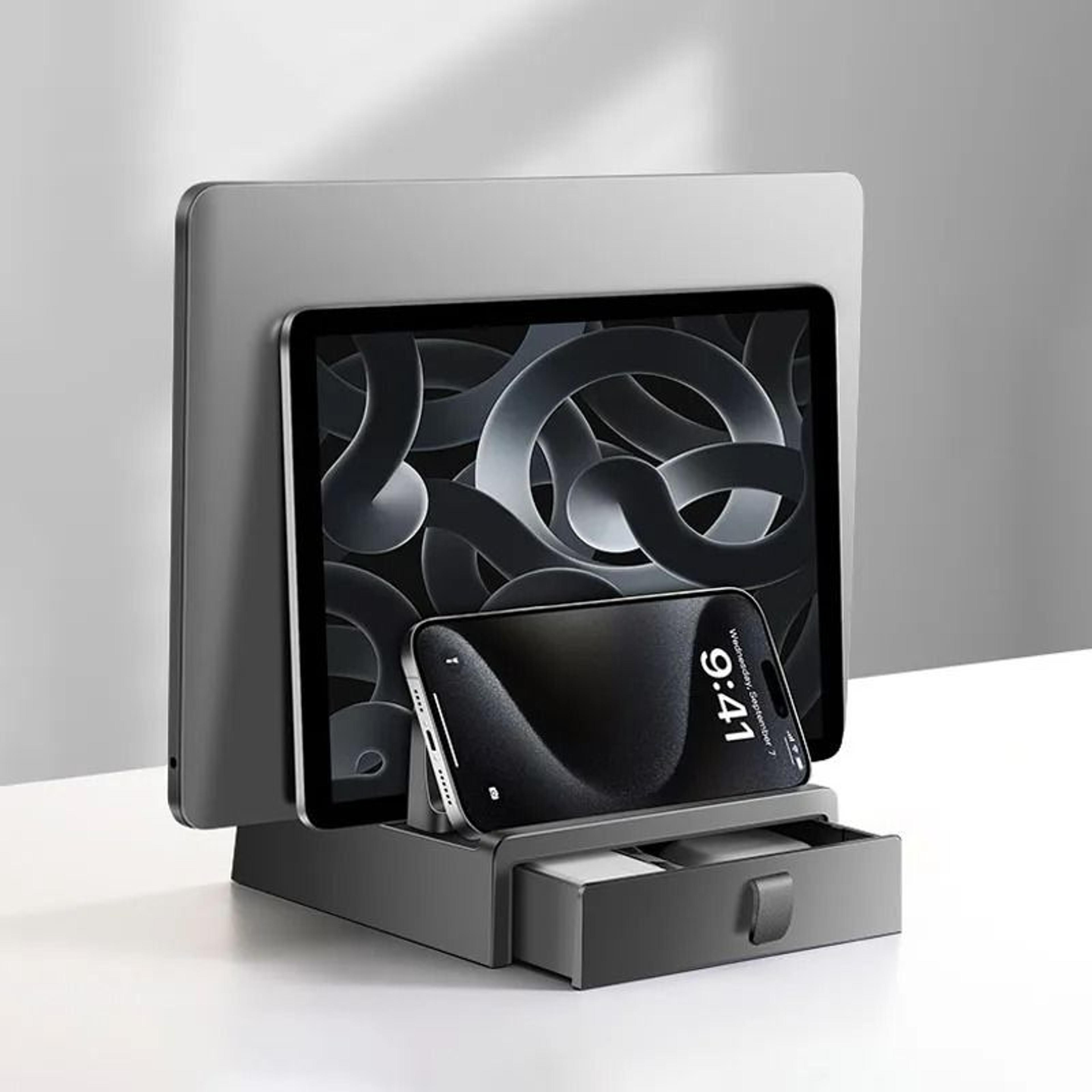 vaydeer vertical dual slot laptop stand with drawer desktop organizer