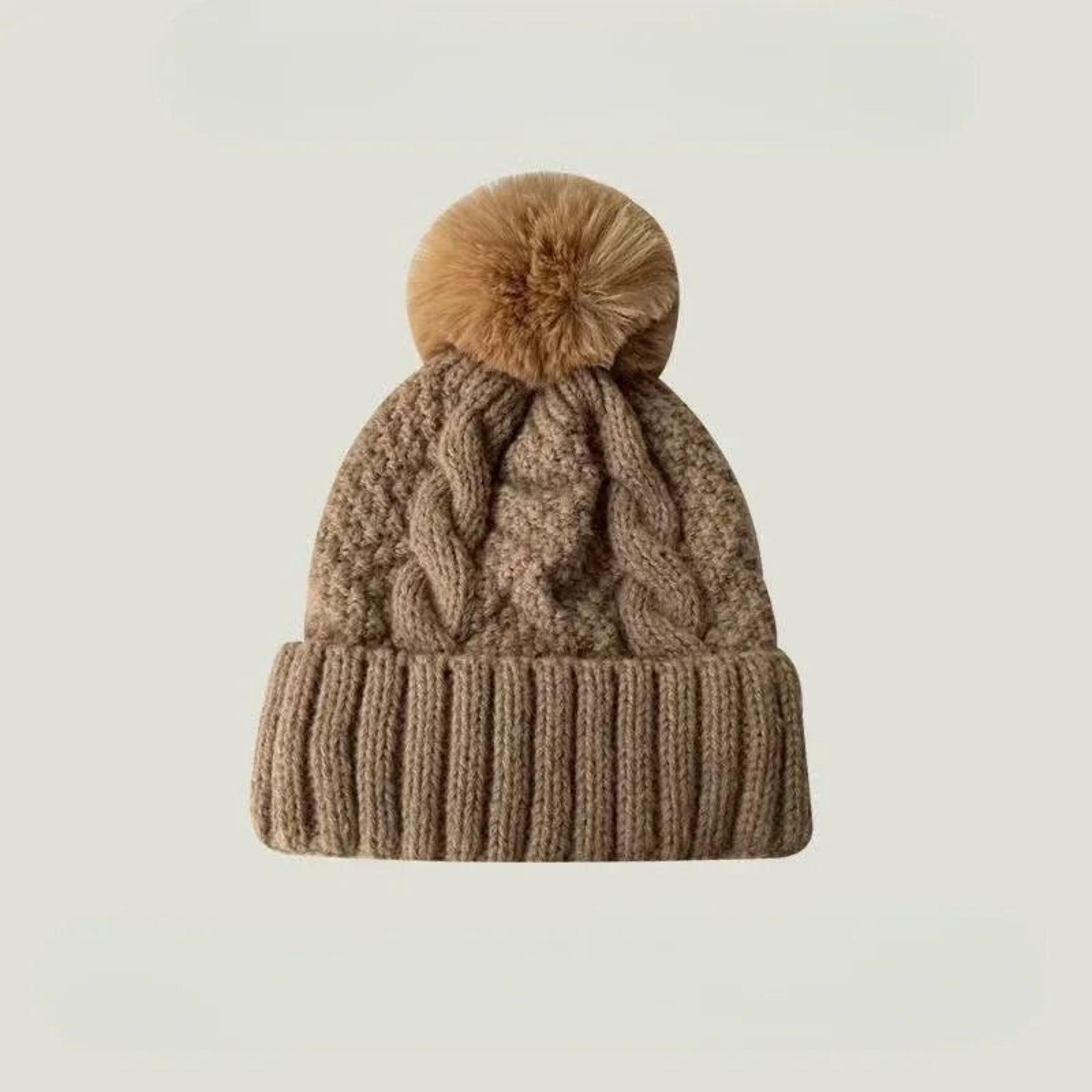 Winter Knit Beanie Hat With Fur Pompom Warm Velvet Lined Cap 6
