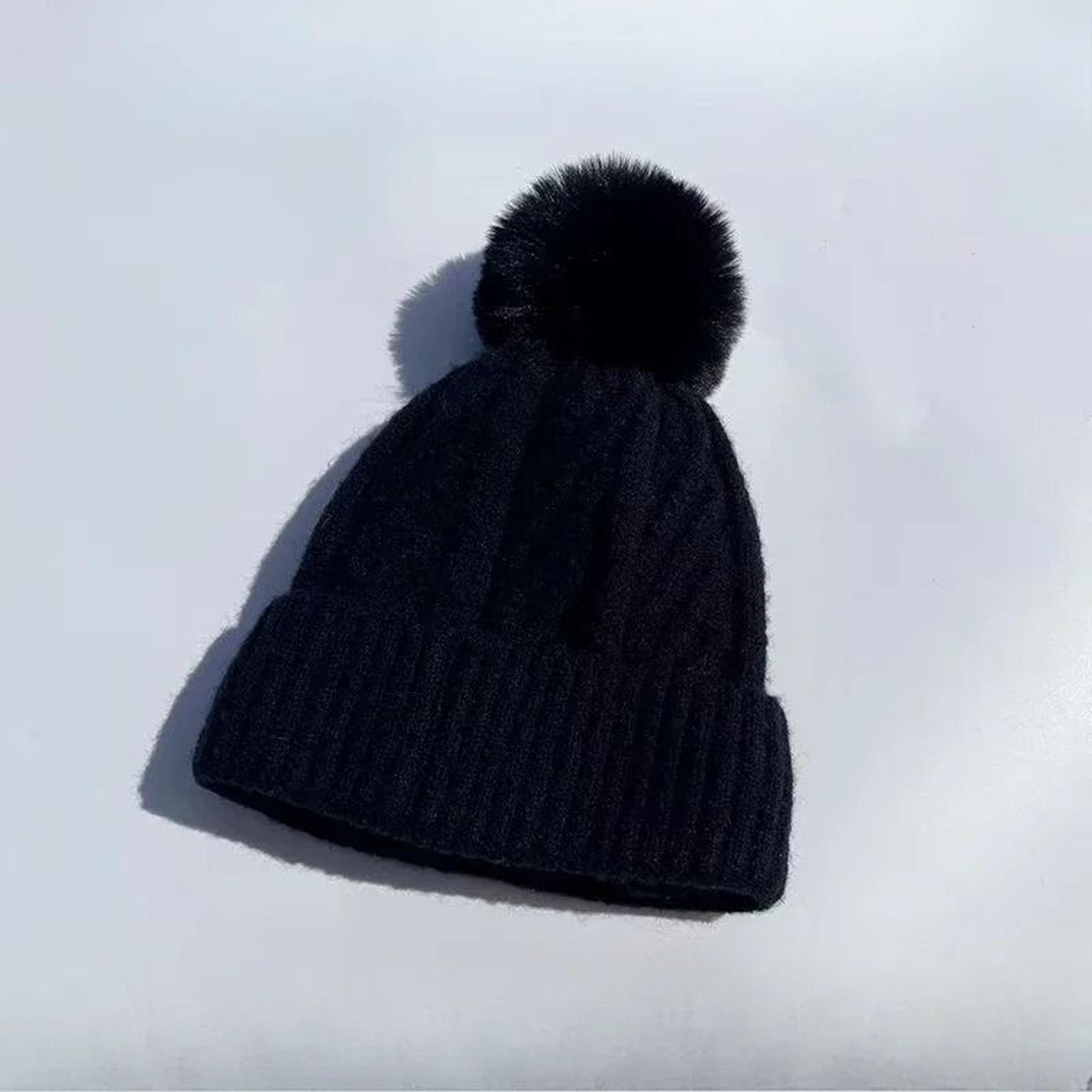 Winter Knit Beanie Hat With Fur Pompom Warm Velvet Lined Cap 1