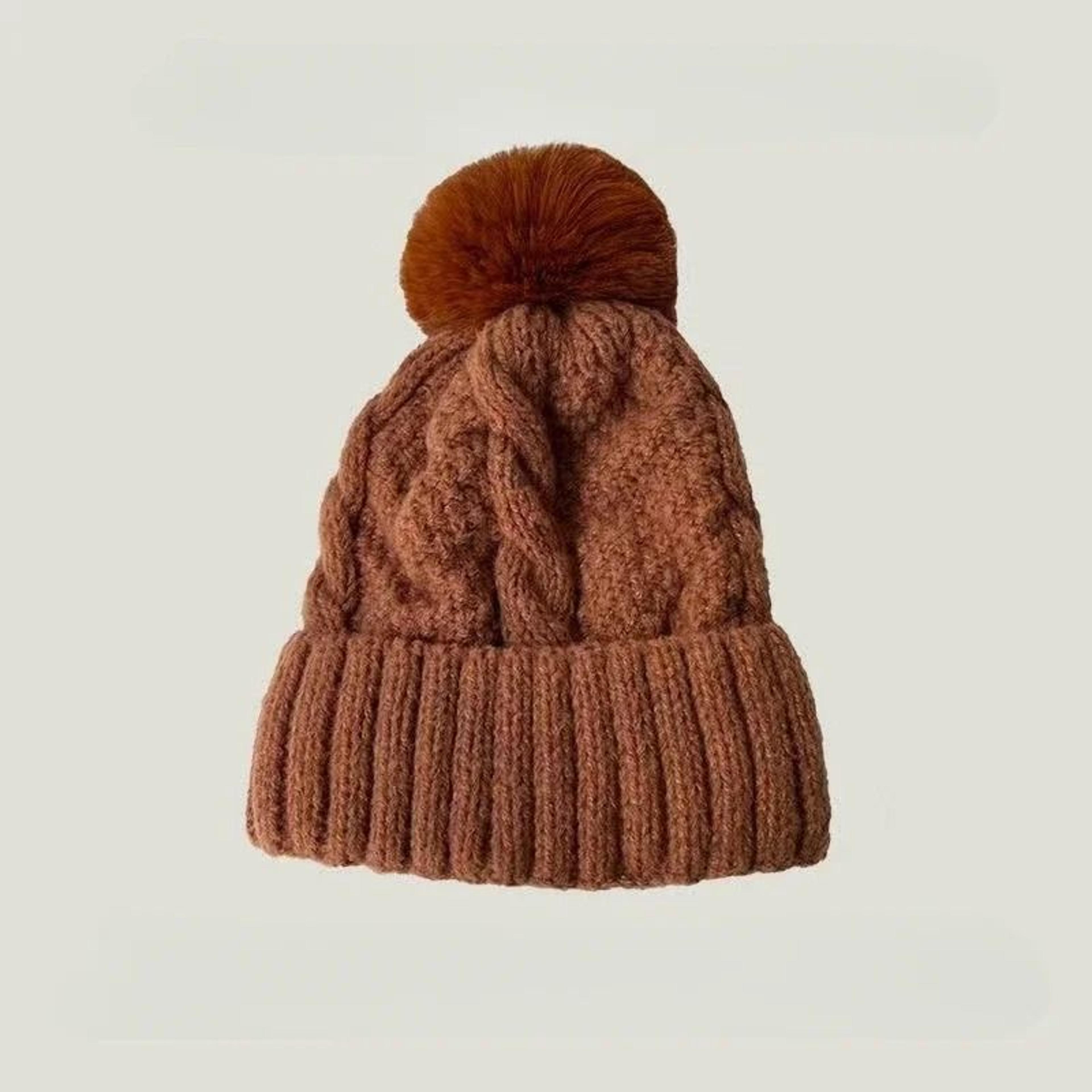 Winter Knit Beanie Hat With Fur Pompom Warm Velvet Lined Cap 7