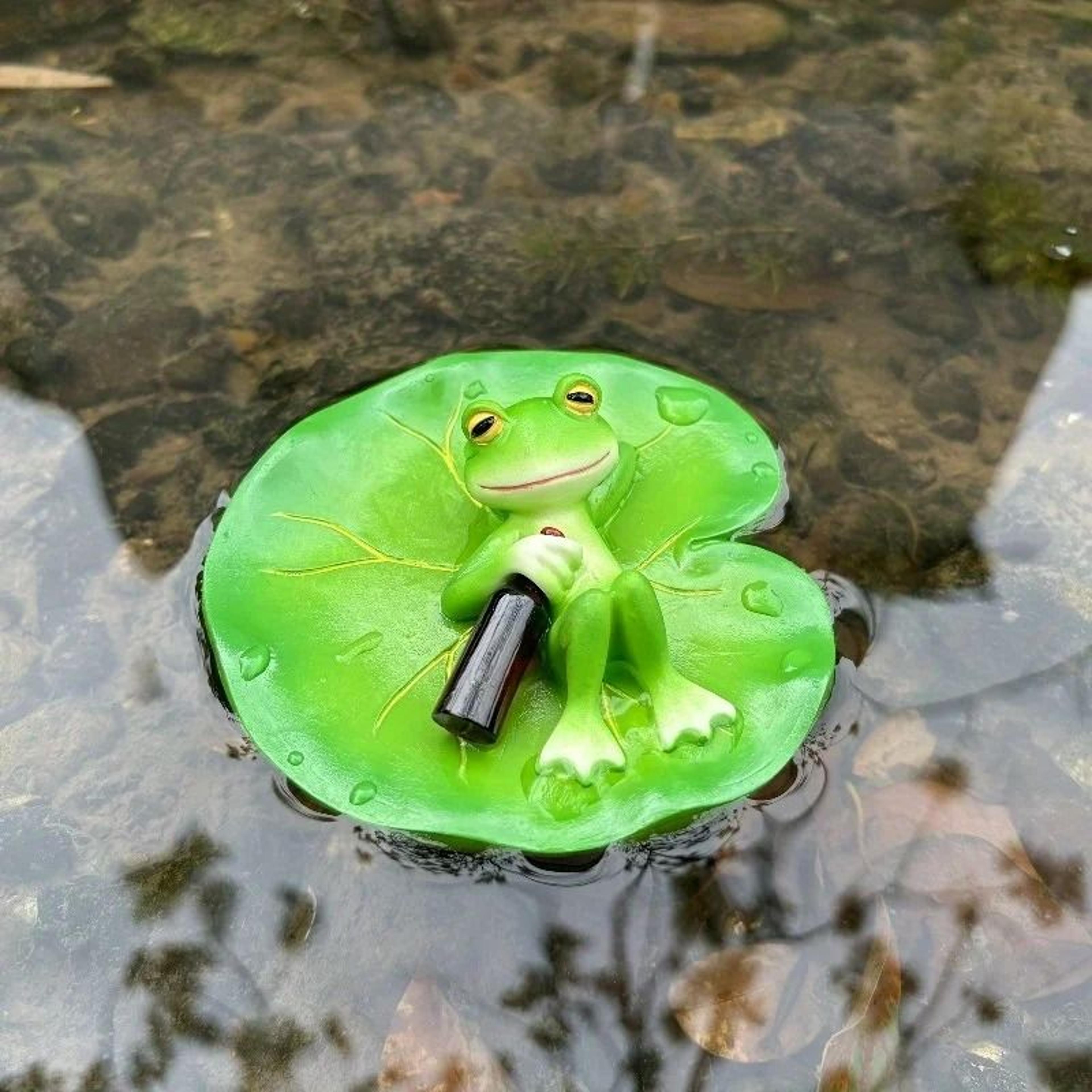 Funny Frog Garden Statue Resin Outdoor Decor With Lotus Leaf And Beer Bottle 3