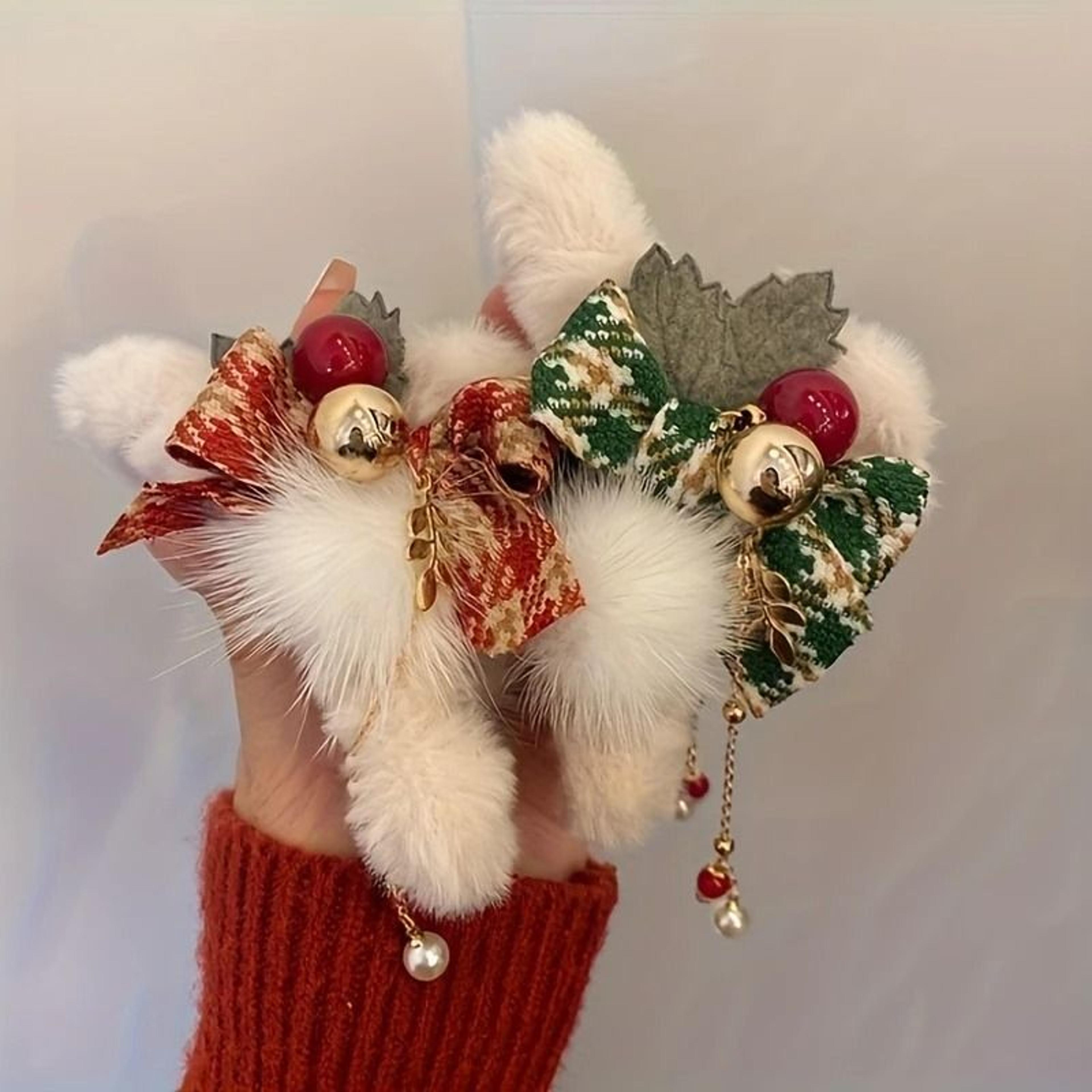 christmas plush bow hair claw clip faux fur holiday accessory