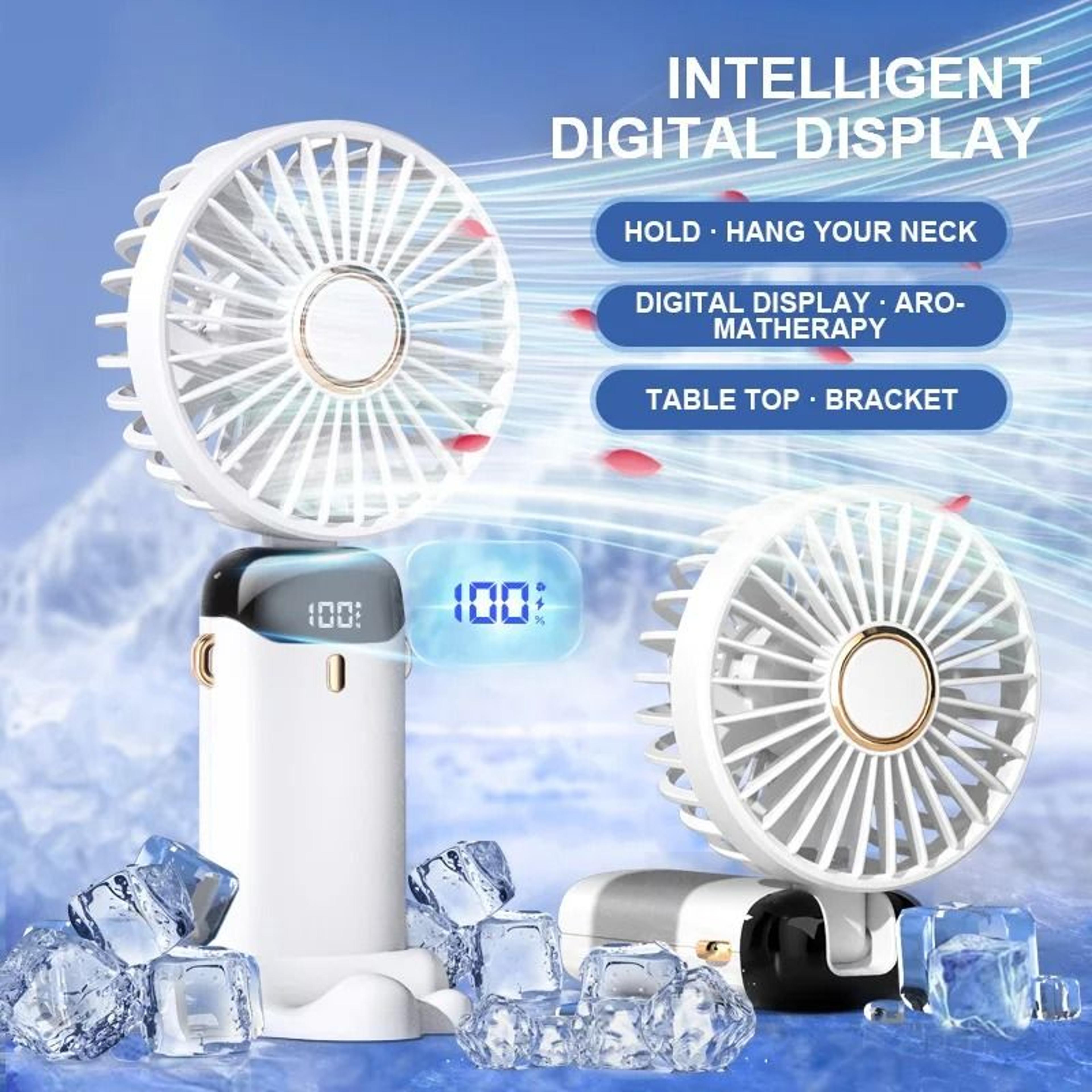 foldable portable mini fan with neck hanging strap and phone stand usb rechargeable