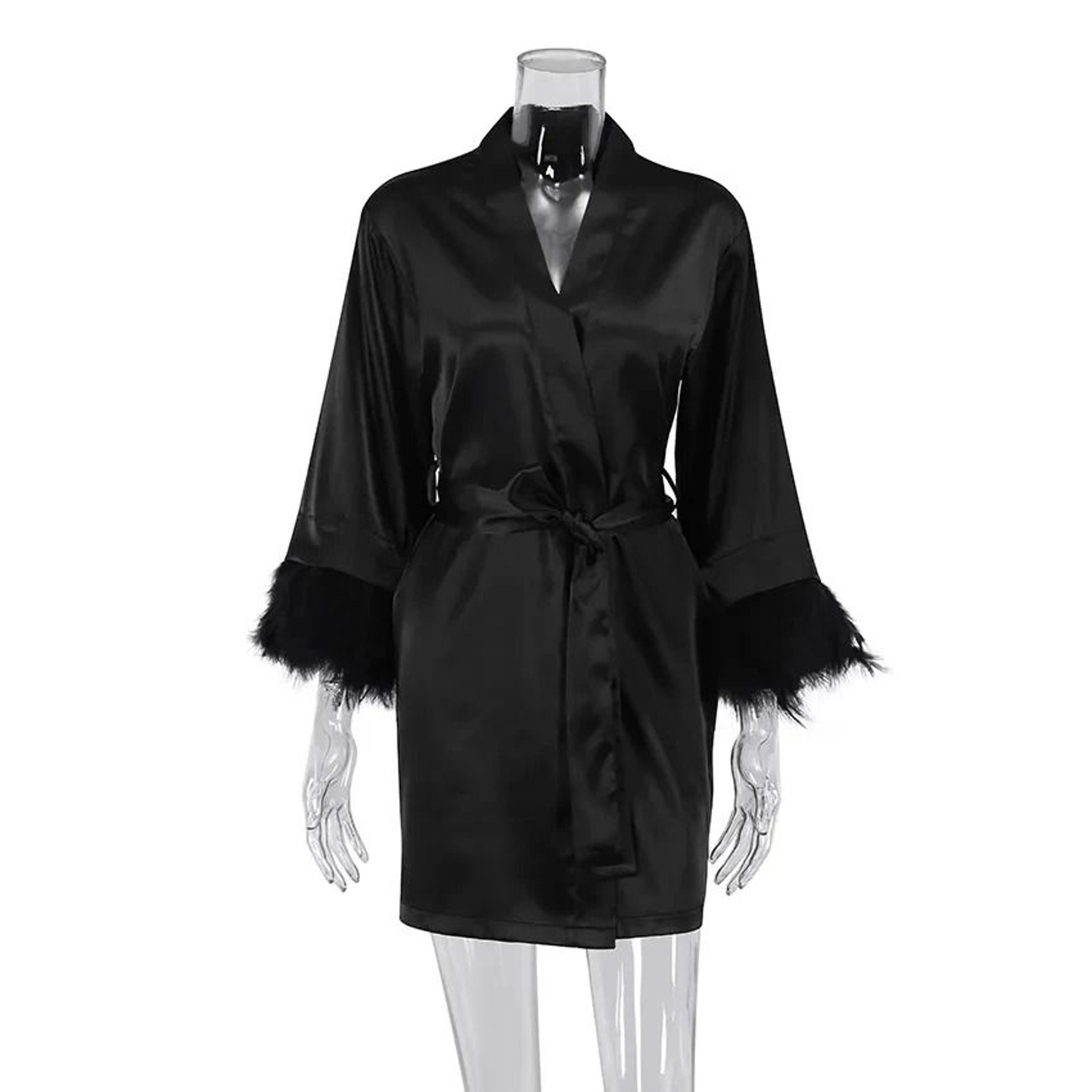 white feather bridal satin robe with fur trim full sleeve nightgown