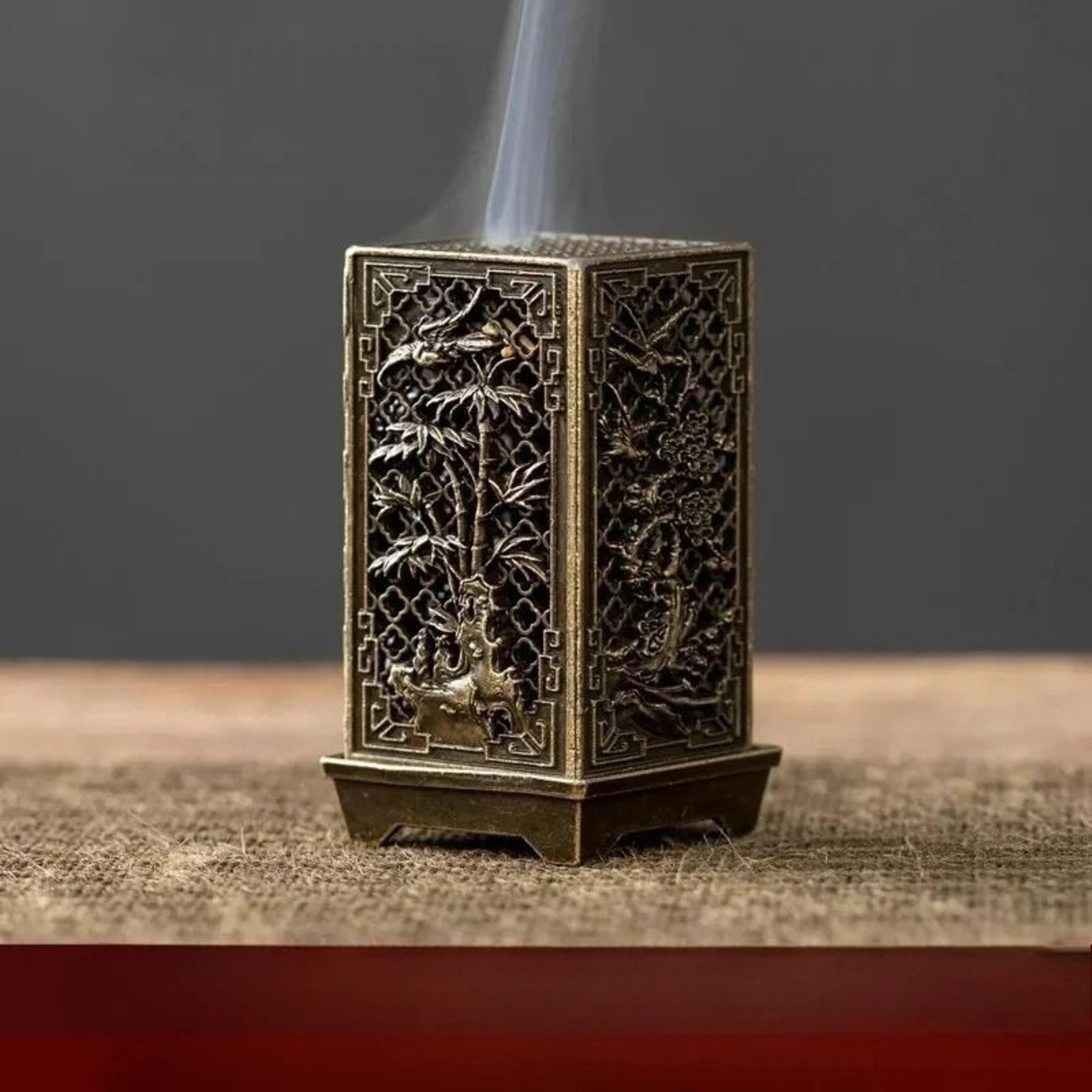 Square Vertical Incense Burner Alloy Aromatherapy Holder With Chinese Plum Design 7